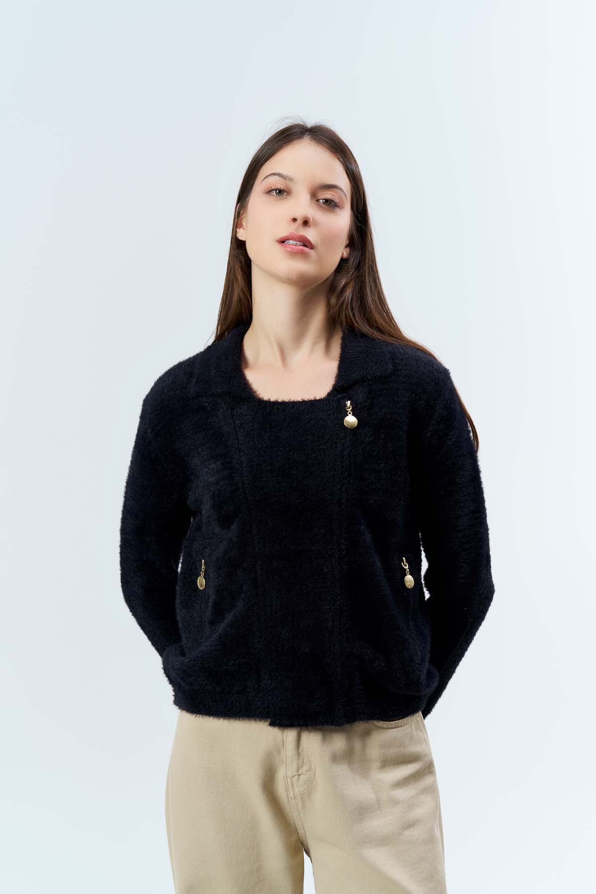 Angora Fermuarlı Gömlek Yaka Hırka