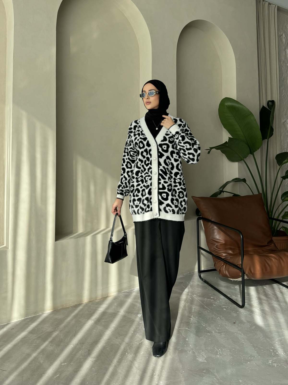 Angora Leopar Desenli Uzun Hırka