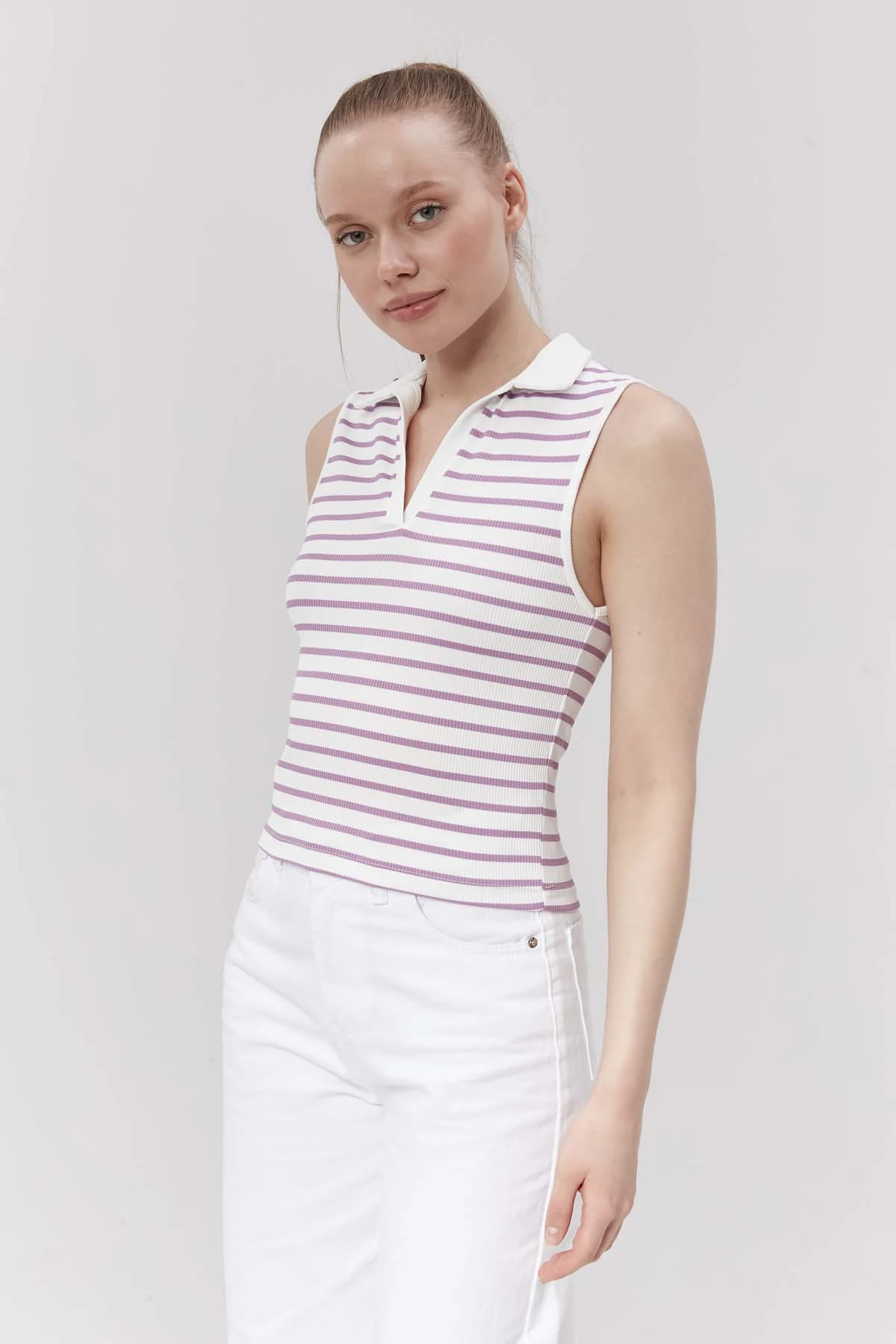 Polo  Yakalı  Çizgili  Bluz