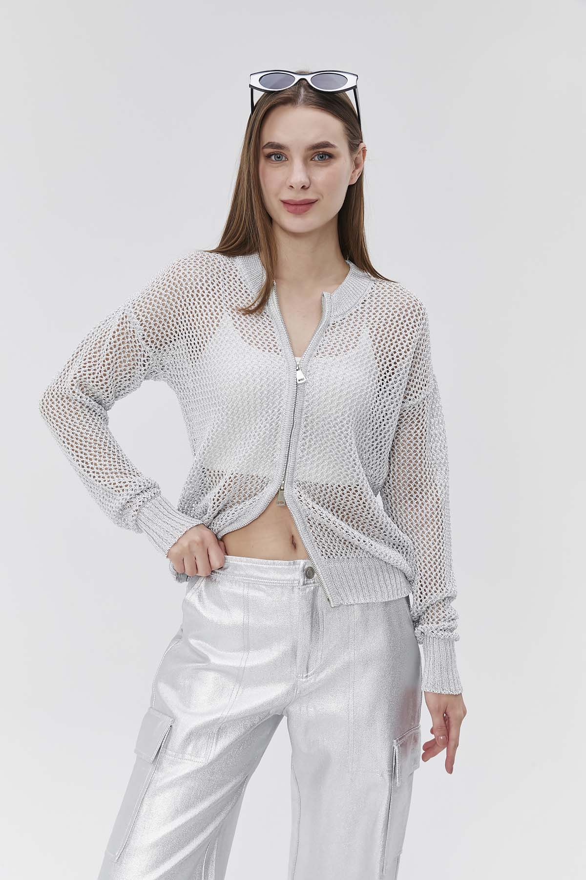 Simli Ajurlu Fermuarlı Ceket