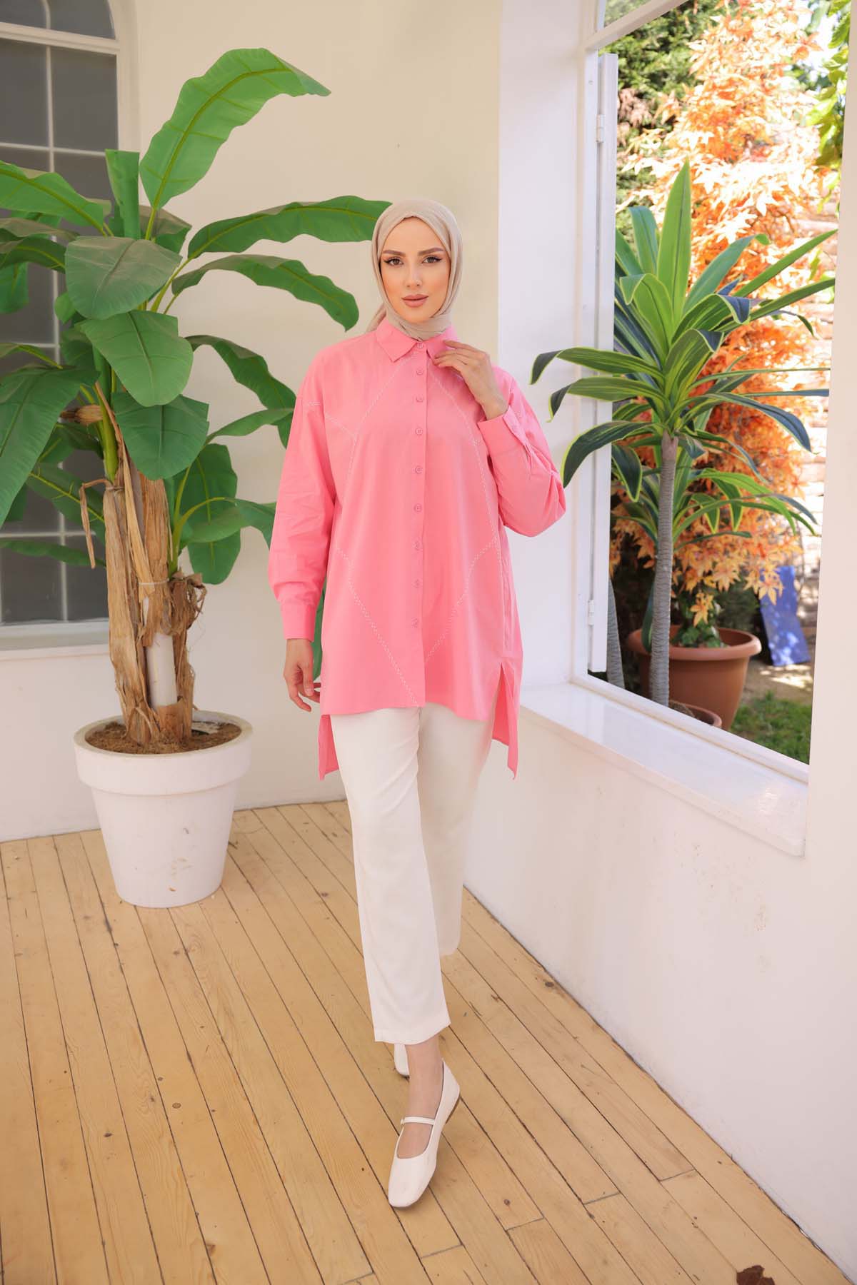 Baklava Desenli Düğmeli Uzun Kollu Gömlek