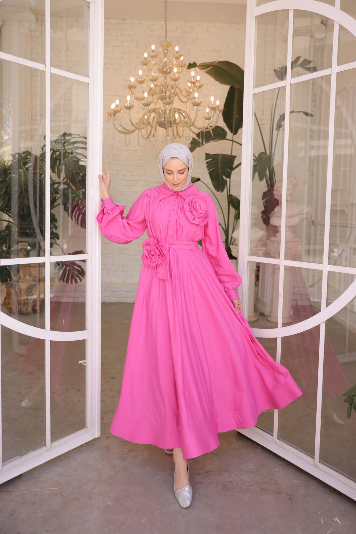 Gömlek Yaka Güllü Dokuma Elbise