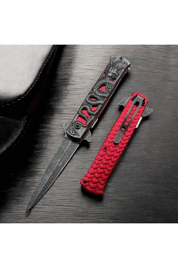 Ejder Kabartmalı Efsane Yeni Model Kamp Çakı - 21 Cm Kırmızı