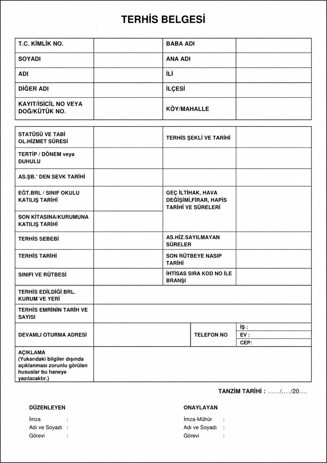 Terhis belgesi örneği - Askerlik hizmeti sonunda verilen resmi belge