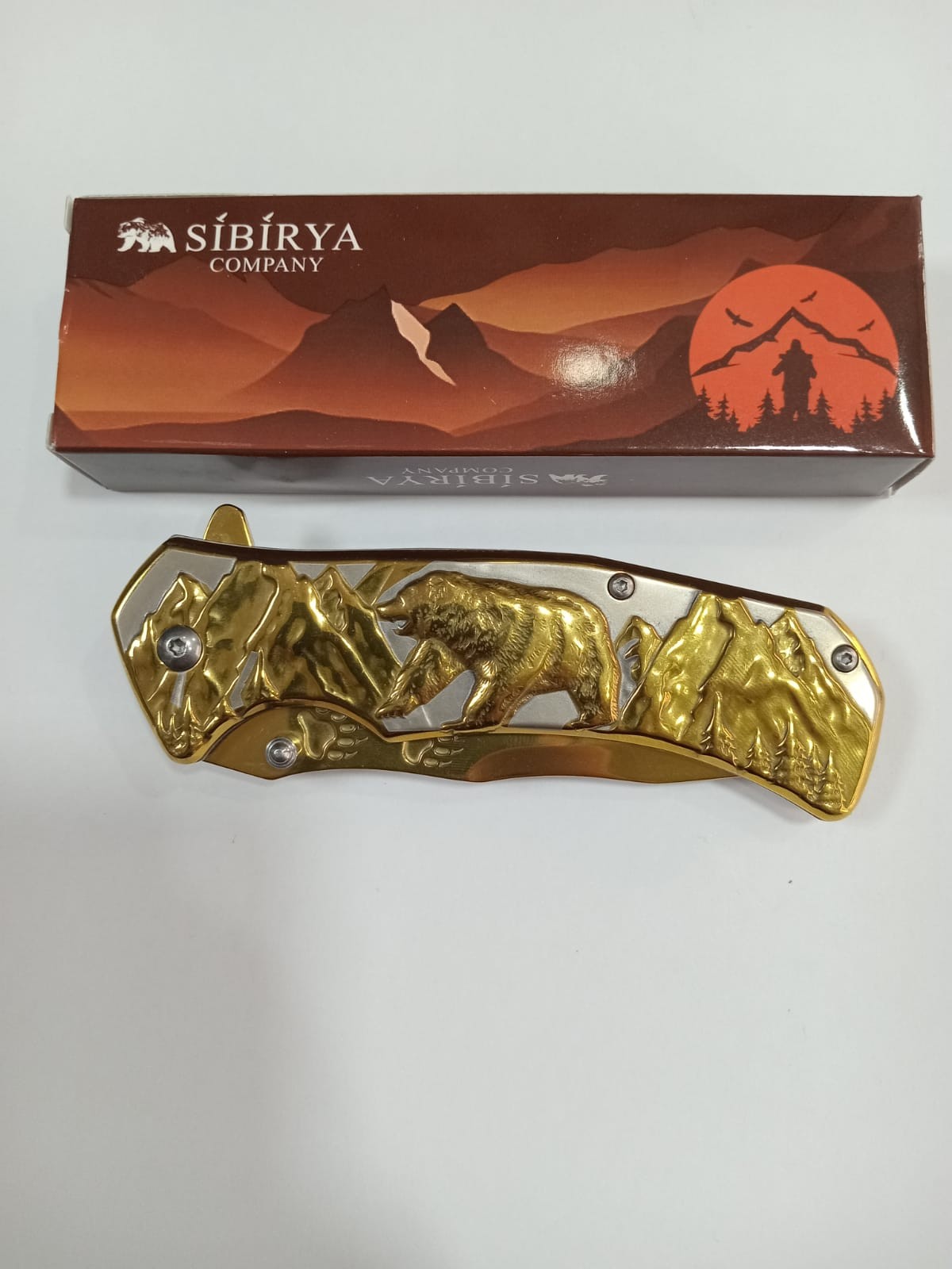Sibirya Kabartmalı Sarı Renkli Ayı Desenli Kamp Çakısı
