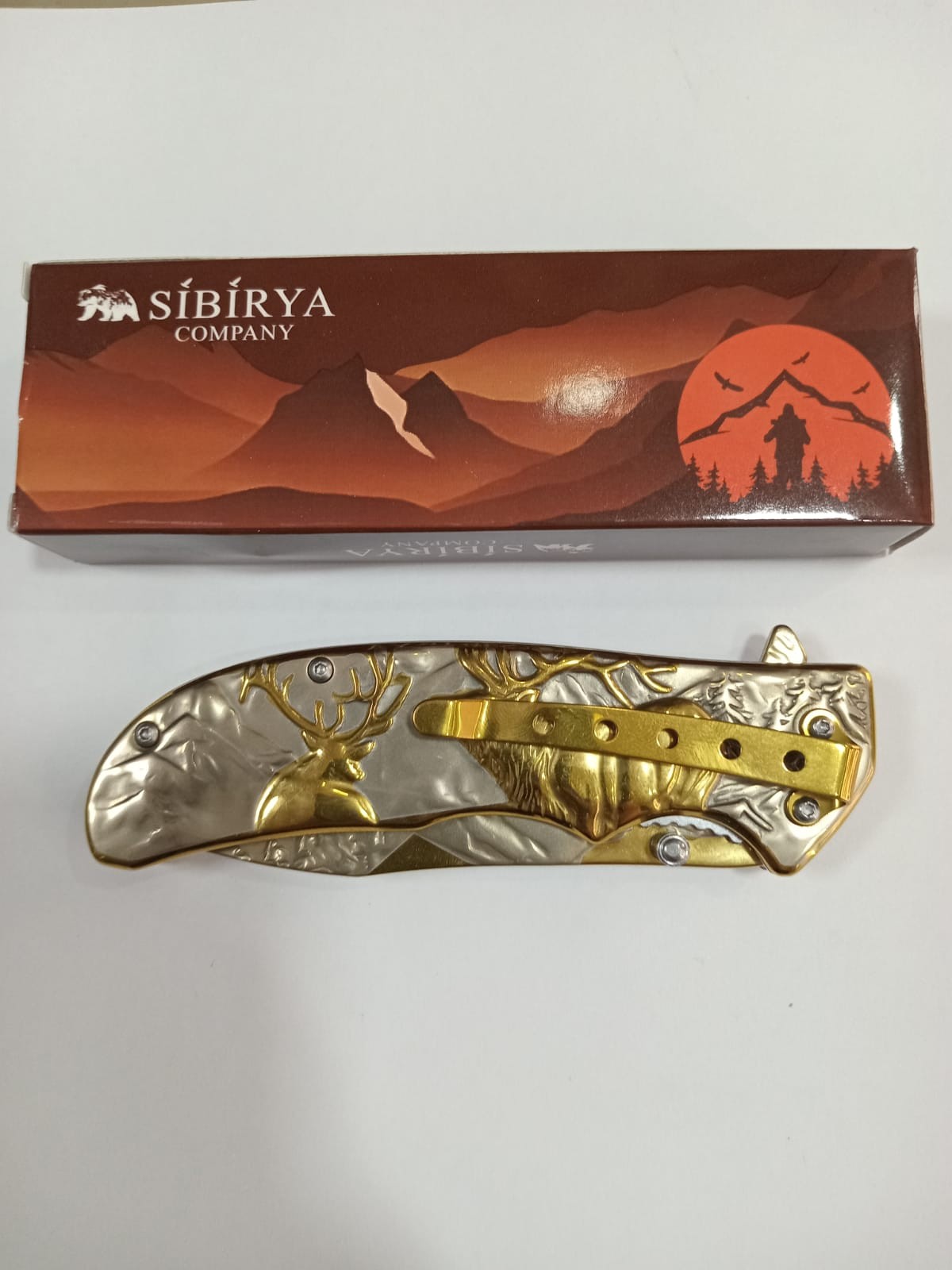 Sibirya Kabartmalı Sarı Renkli Geyik Desenli Kamp Çakısı