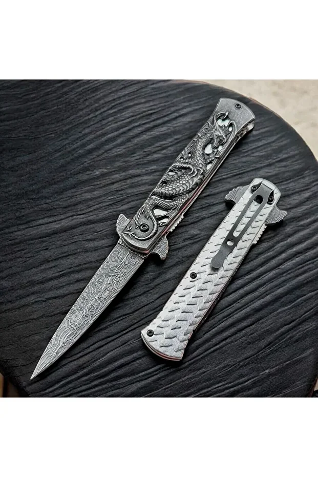 Ejder Kabartmalı Efsane Yeni Model Kamp Çakı - 21 Cm Gri