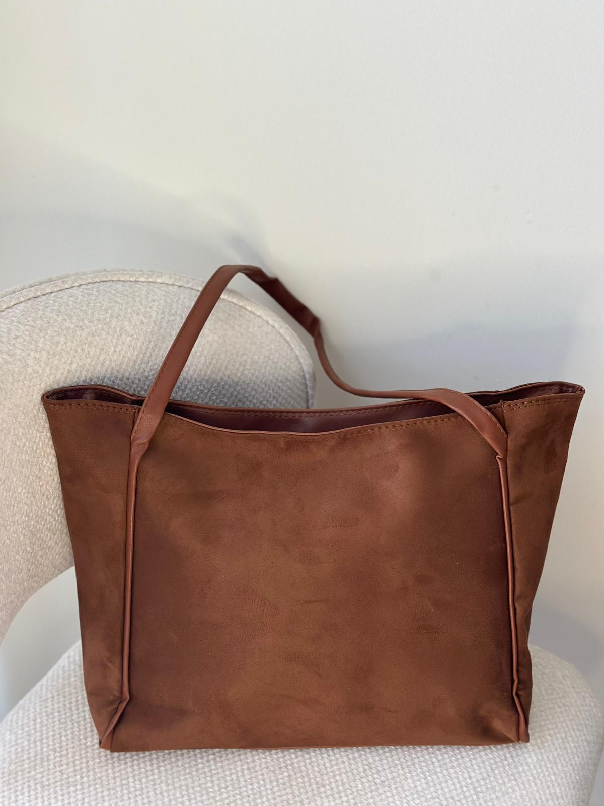 Süet Orta Boy El ve Omuz Çantası - Kahverengi