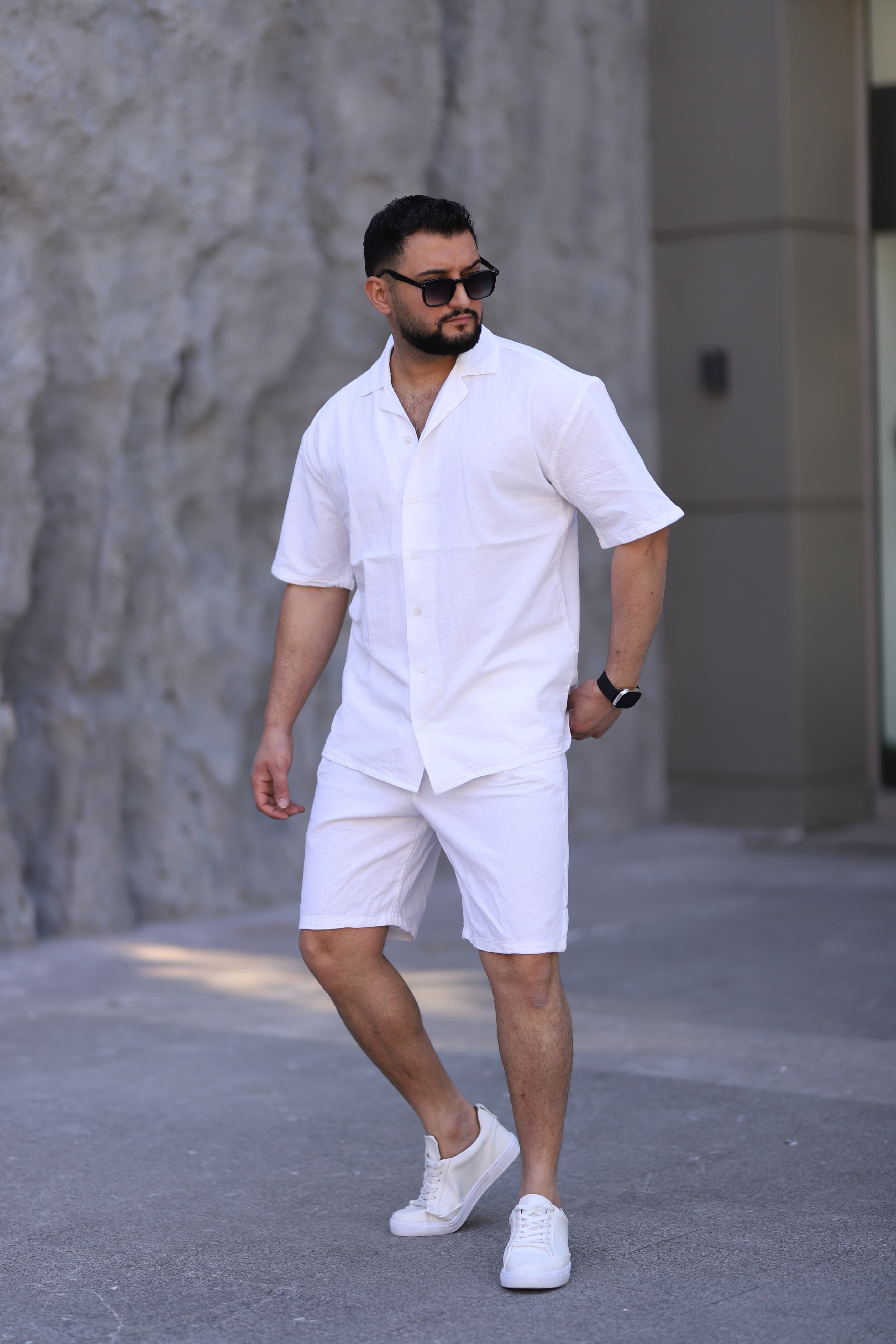 Beyaz Renk Gömlek Şort Erkek Keten Takım Oversize Kalıp