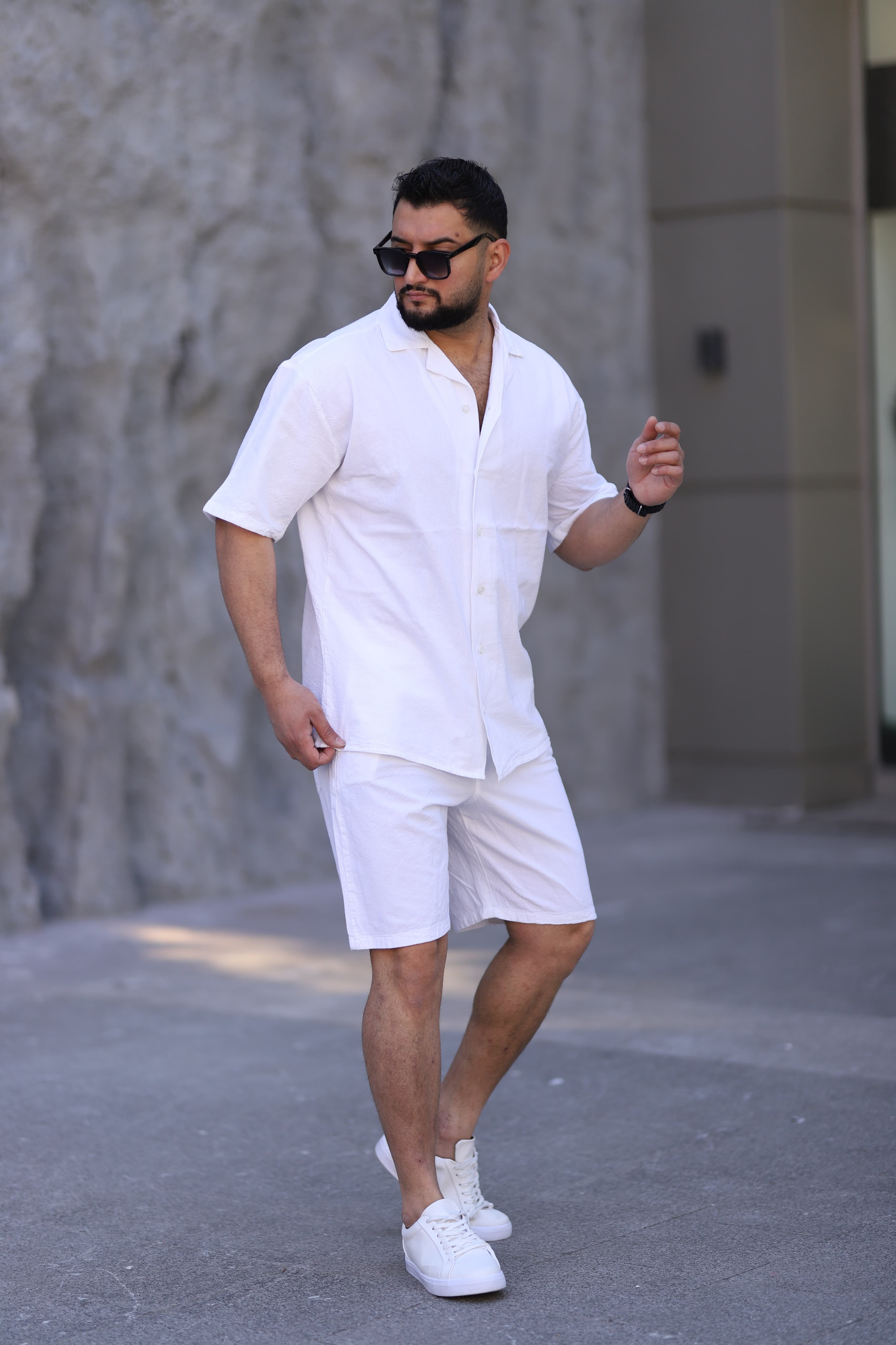 Beyaz Renk Gömlek Şort Erkek Keten Takım Oversize Kalıp