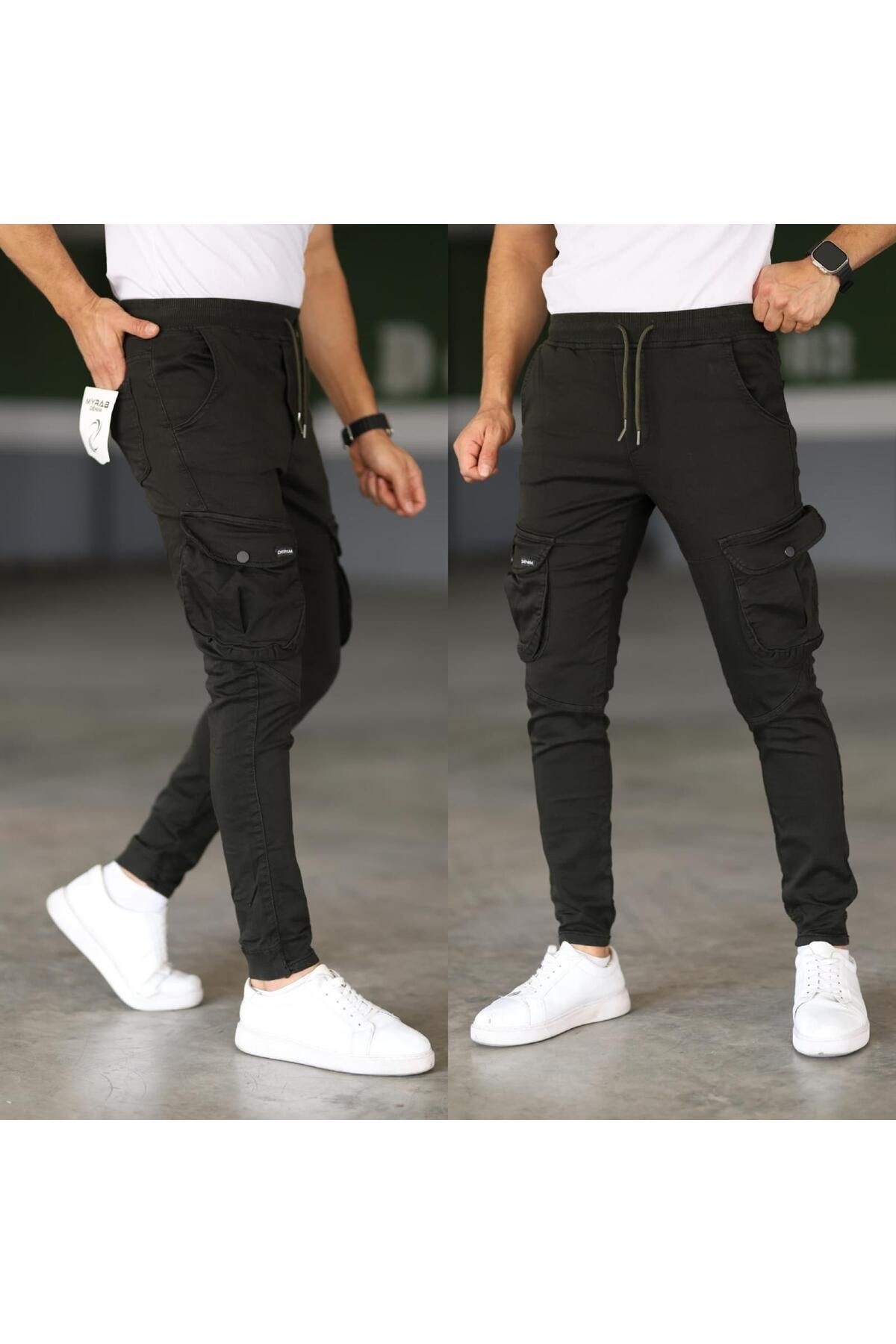 Erkek Haki Slim Fit Kargo Cep Pantolon - Beli ve Paçası Lastikli