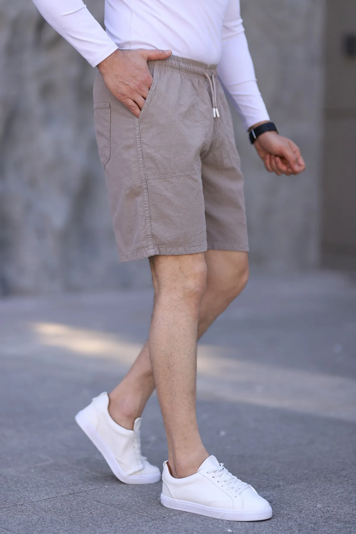 Kahverengi Bağcıklı Keten Erkek Şort - Yazlık Baggy Model