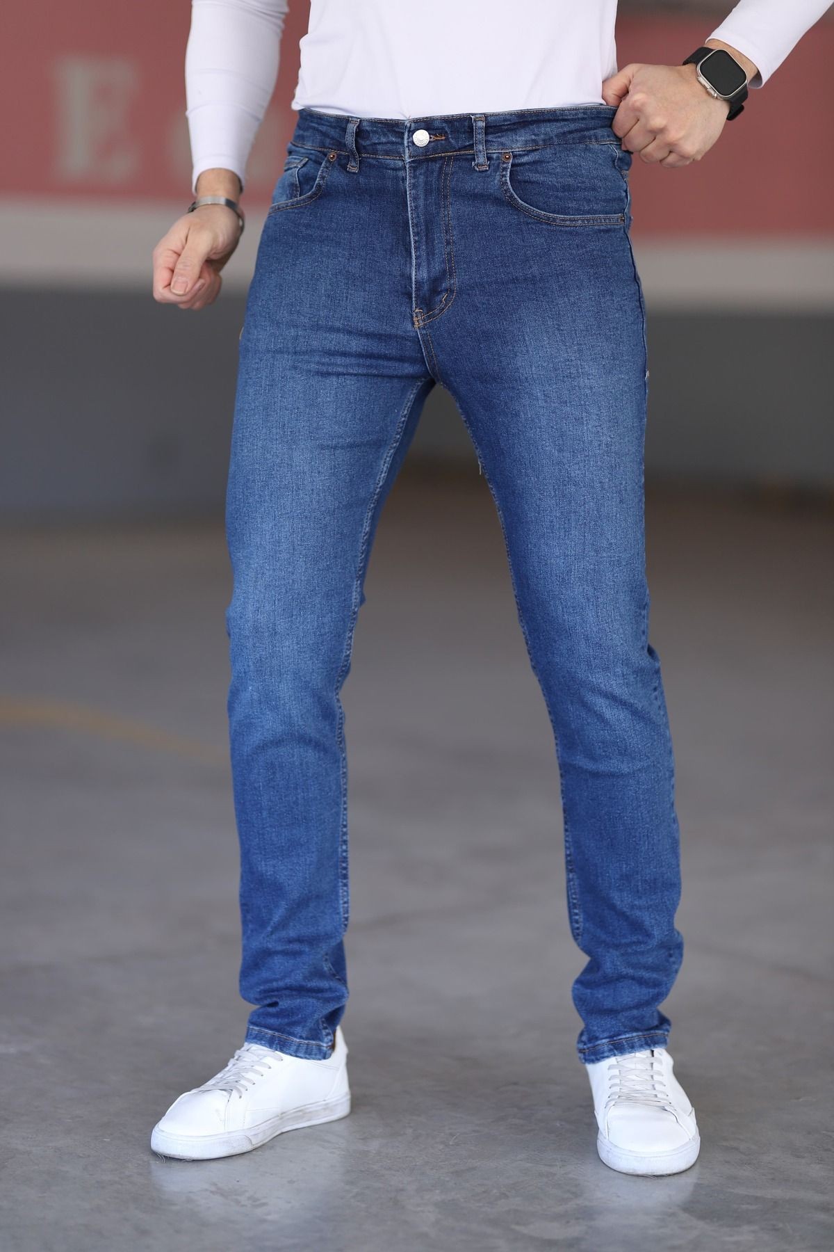 Koyu Mavi Likralı Erkek Kot Pantolon - Regular Fit, Normal Bel, Kalın Kumaş