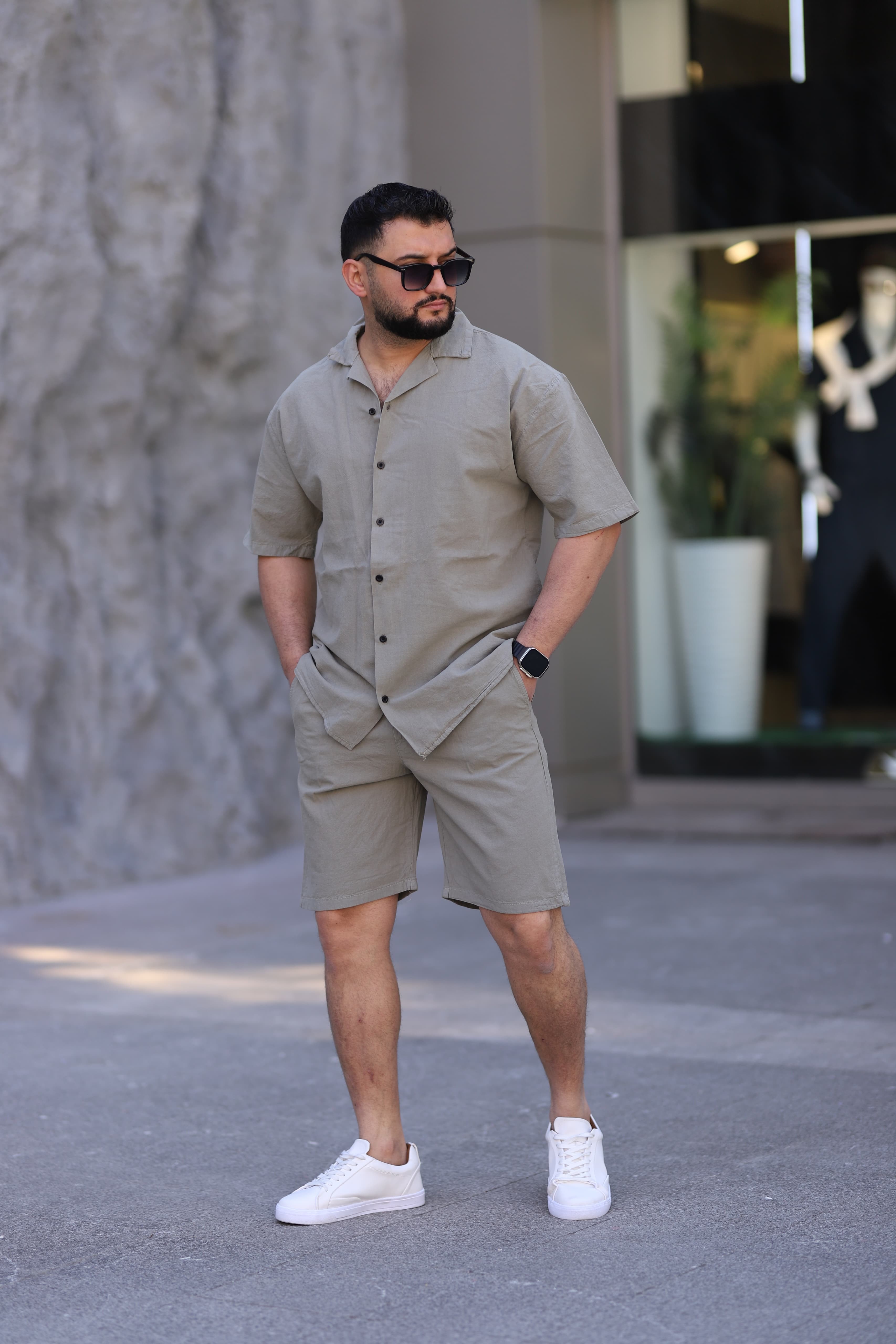 Çağla Yeşili Renk Gömlek Şort Erkek Keten Takım Oversize Kalıp