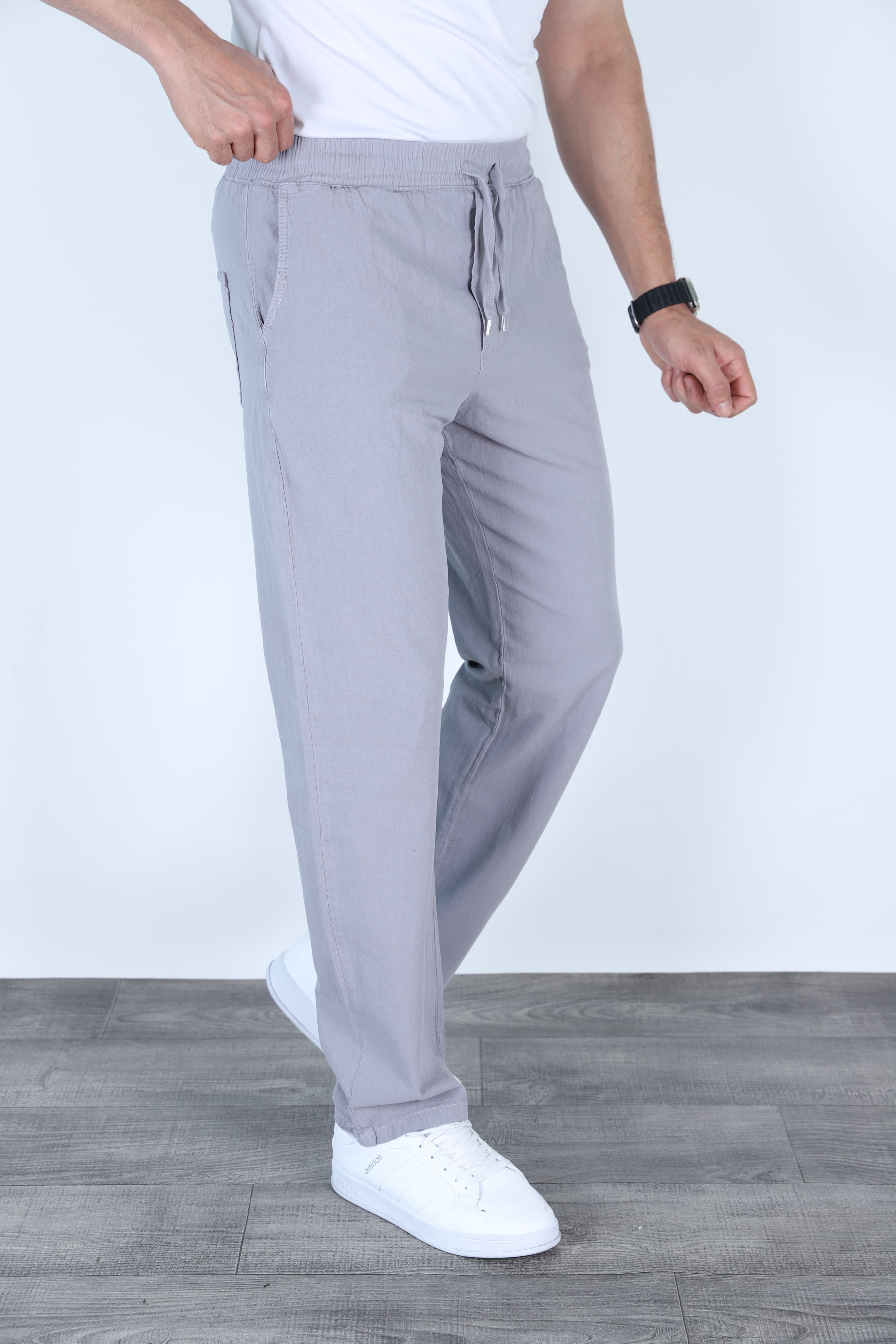Baggy Yazlık Erkek Doğal Keten Kumaş Pantolon Jogger Gri