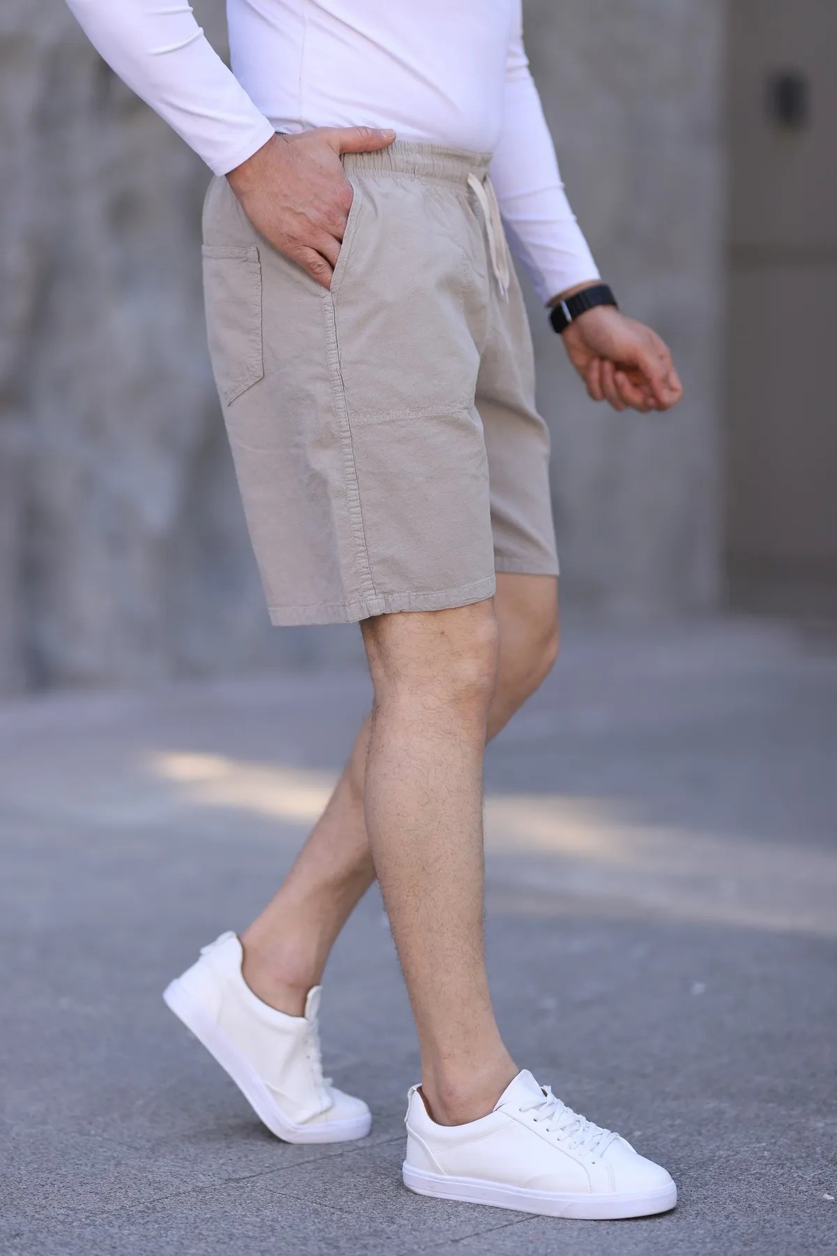 Krem Keten Erkek Şort - Yazlık Baggy Model