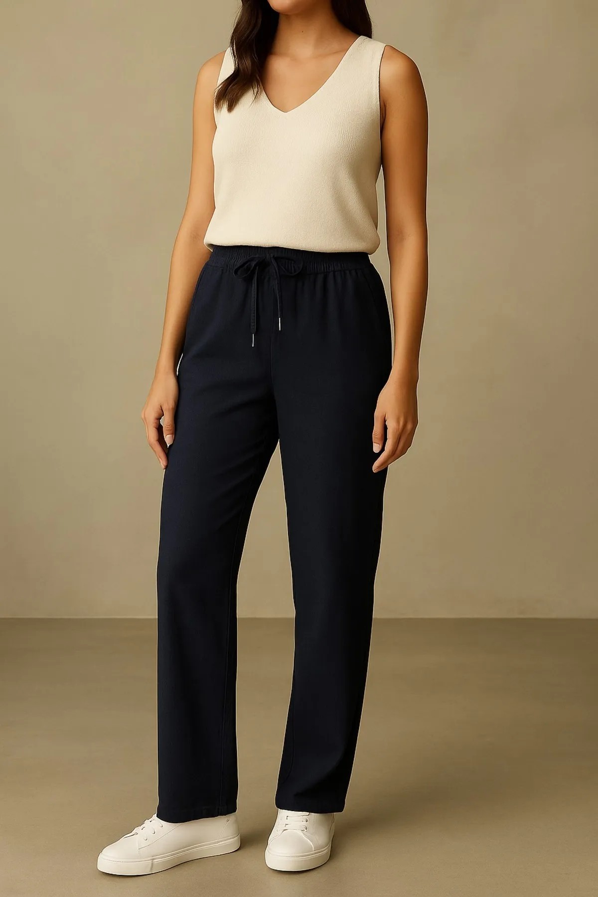 Baggy Kadın Yazlık Keten Pantolon Lacivert - Gabardin Kumaş
