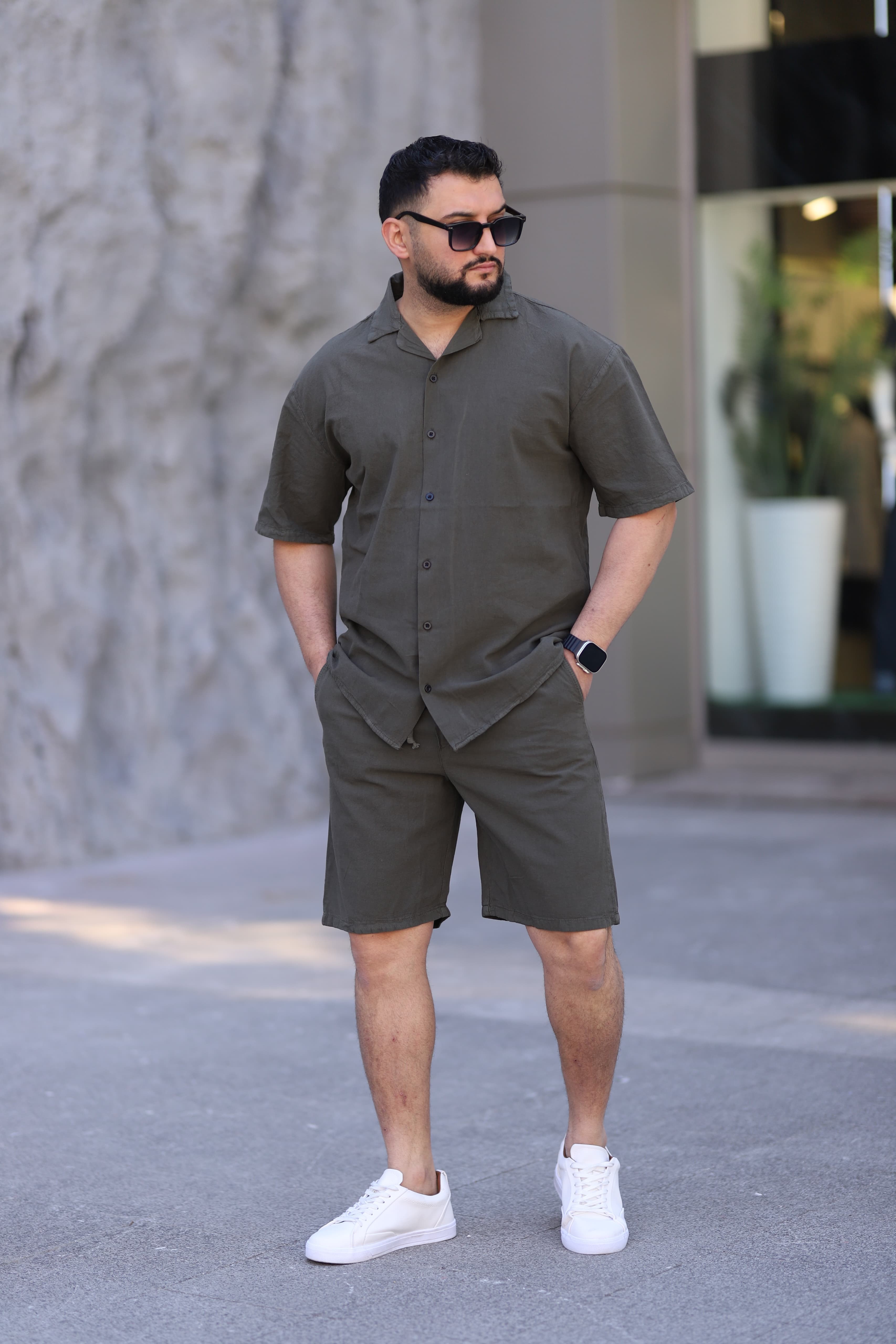 Koyu Haki Renk Gömlek Şort Erkek Keten Takım Oversize Kalıp