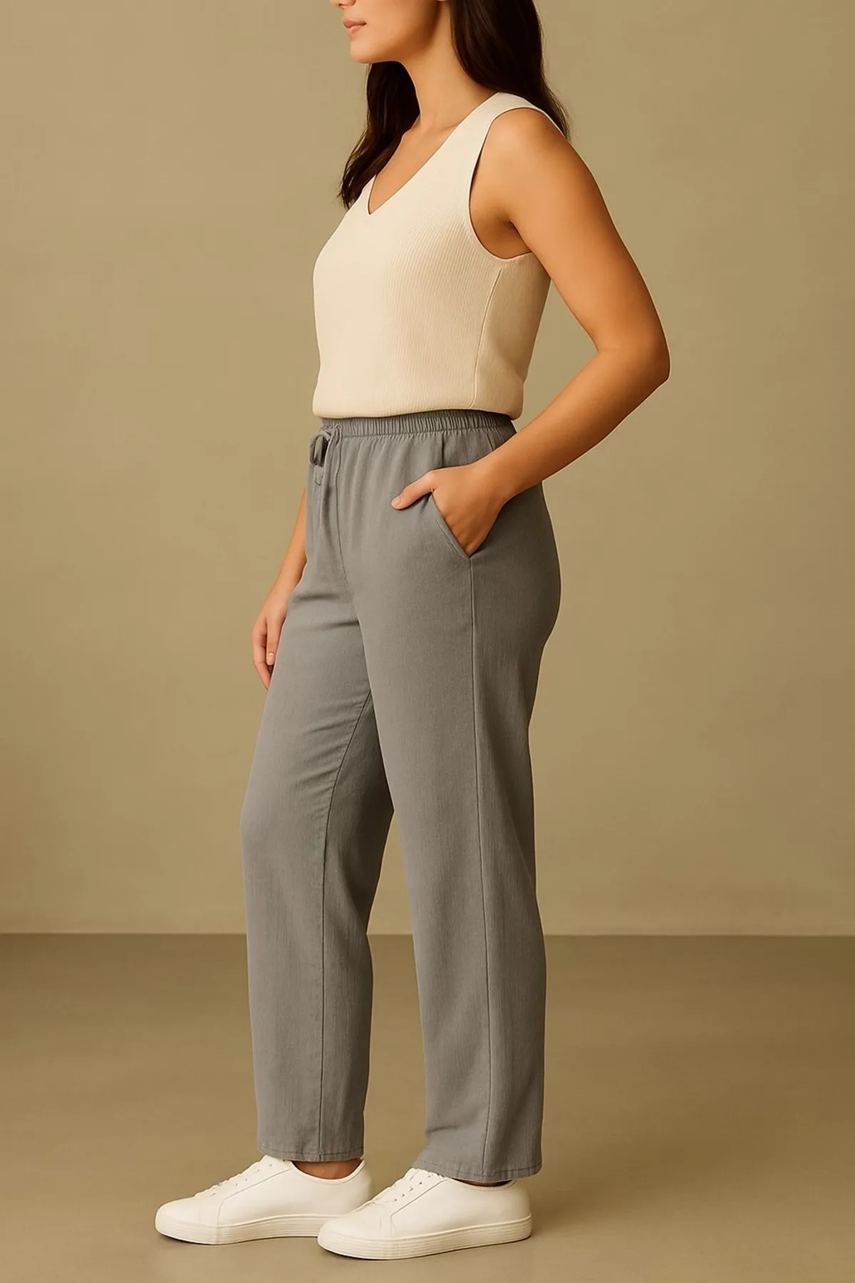 Baggy Kadın Yazlık Keten Pantolon Gri - Gabardin Kumaş