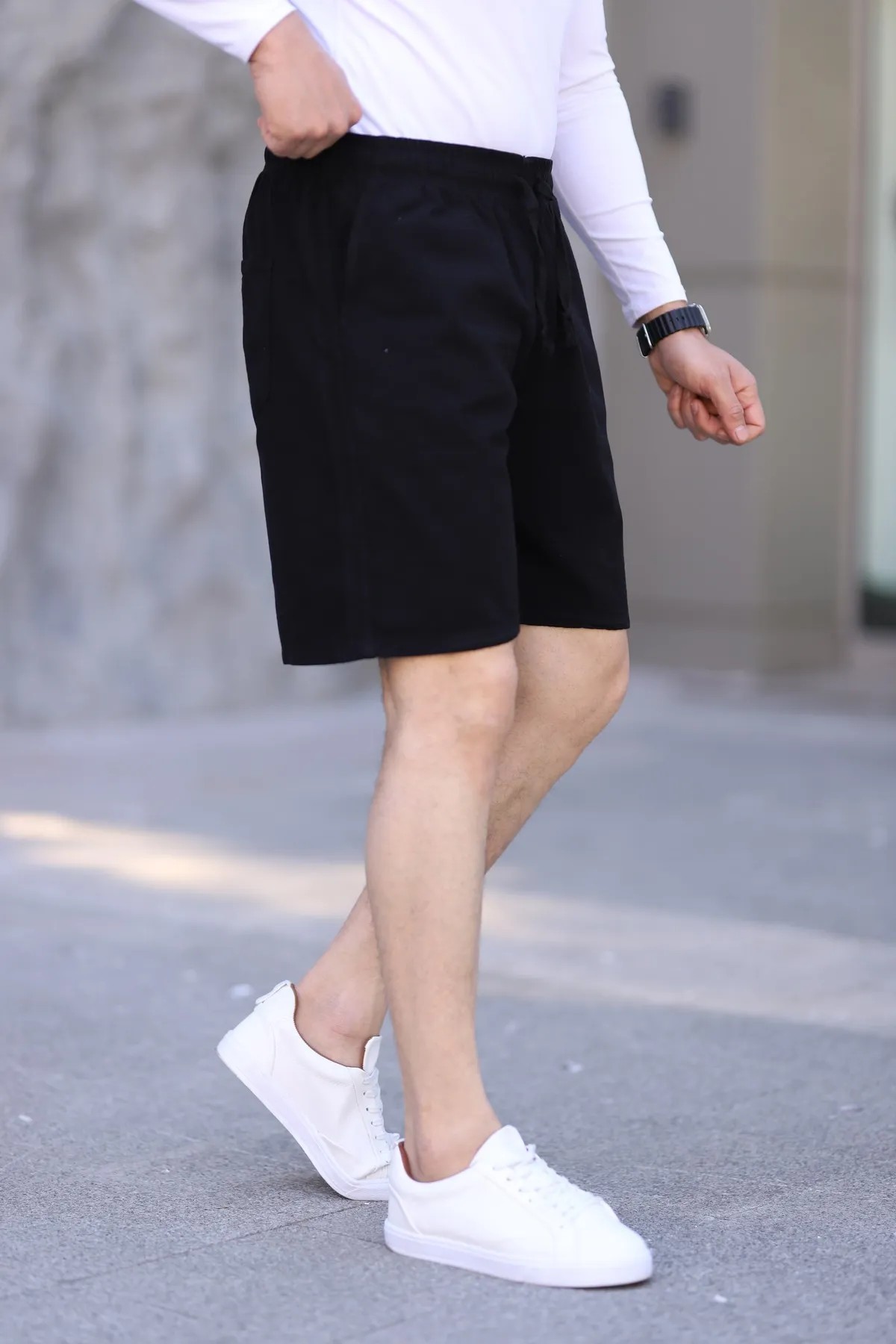 Siyah Keten Erkek Şort - Yazlık Baggy Model