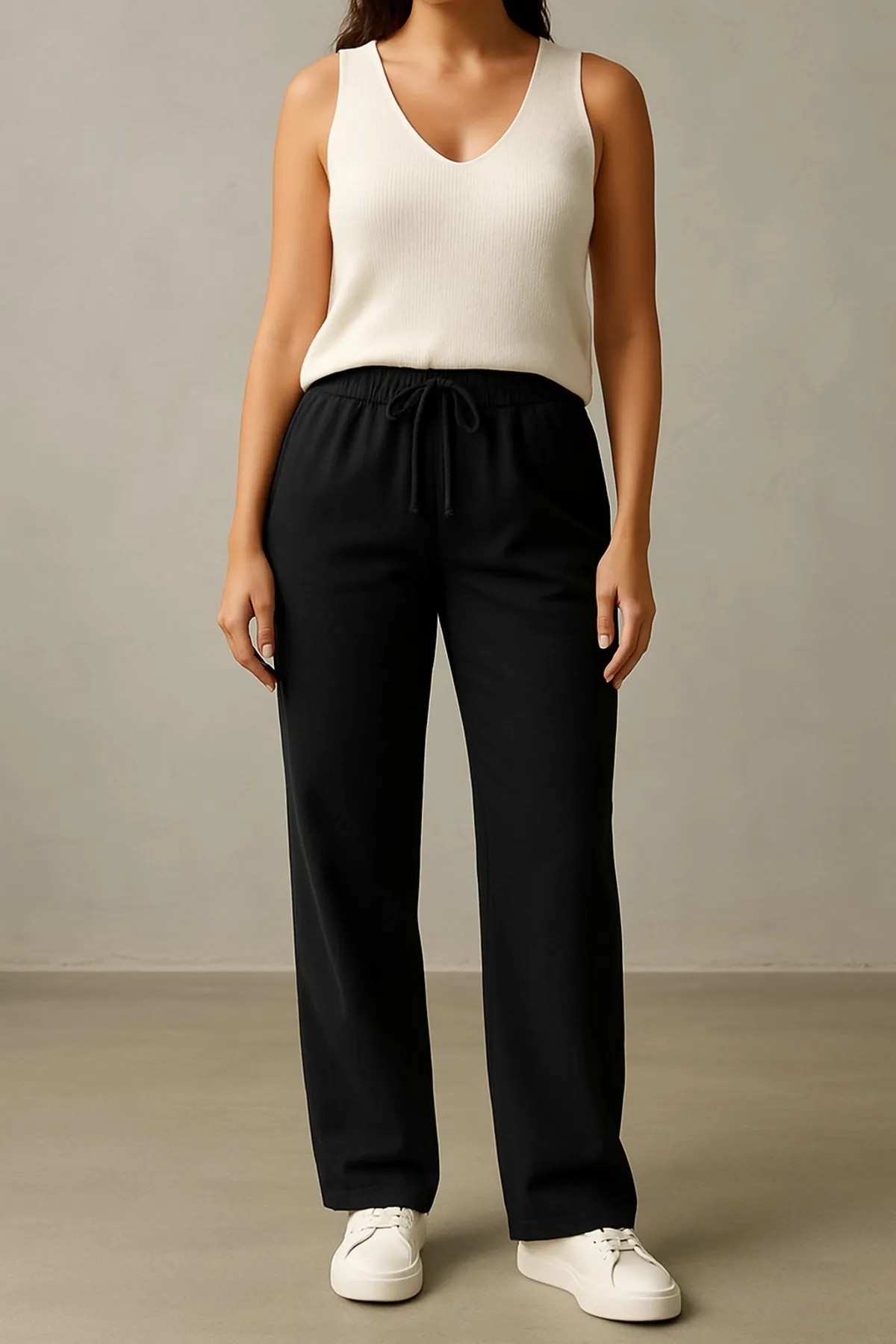 Baggy Kadın Yazlık Keten Pantolon Siyah - Gabardin Kumaş