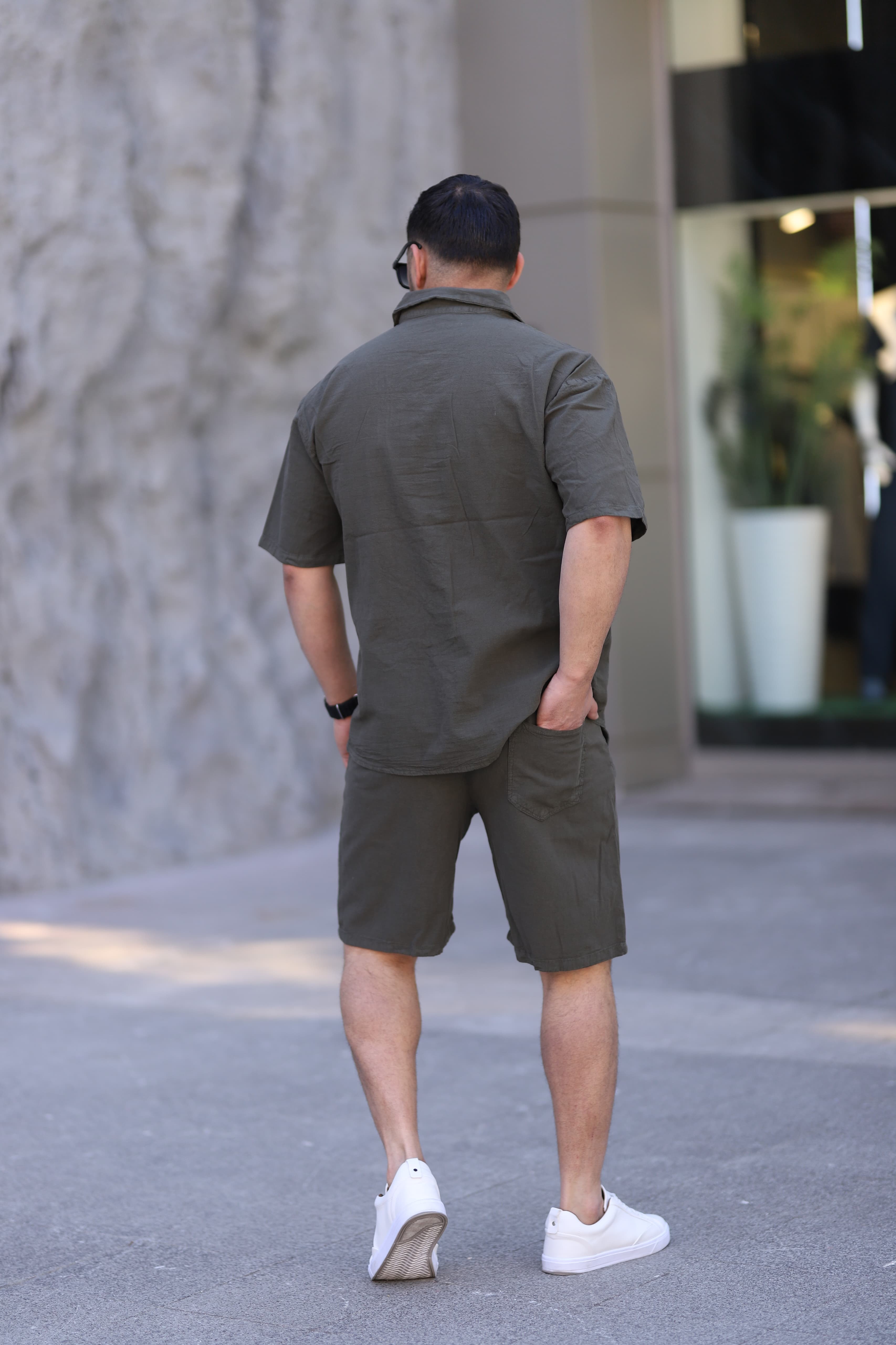 Koyu Haki Renk Gömlek Şort Erkek Keten Takım Oversize Kalıp