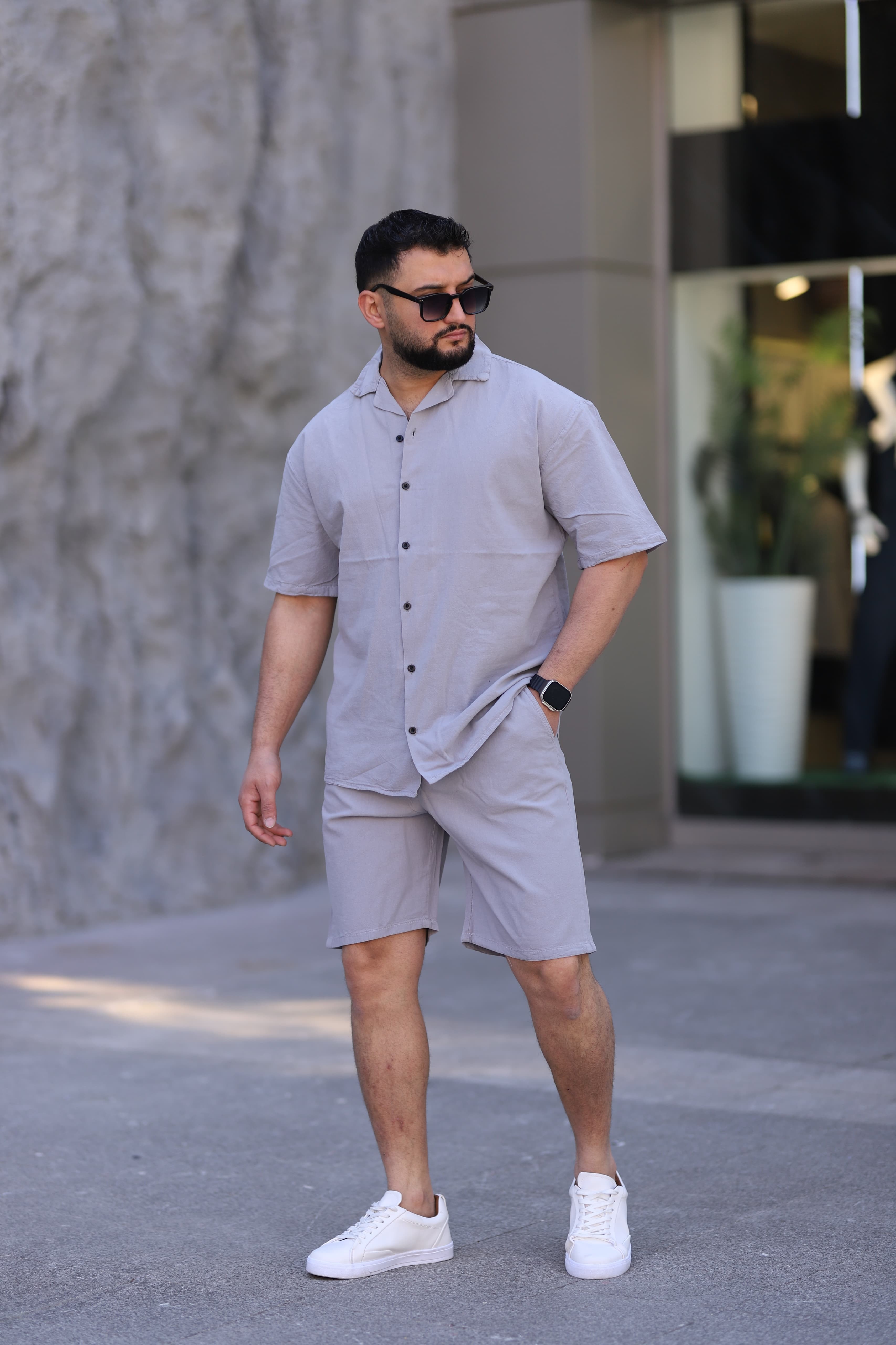 Gri Renk Gömlek Şort Erkek Keten Takım Oversize Kalıp