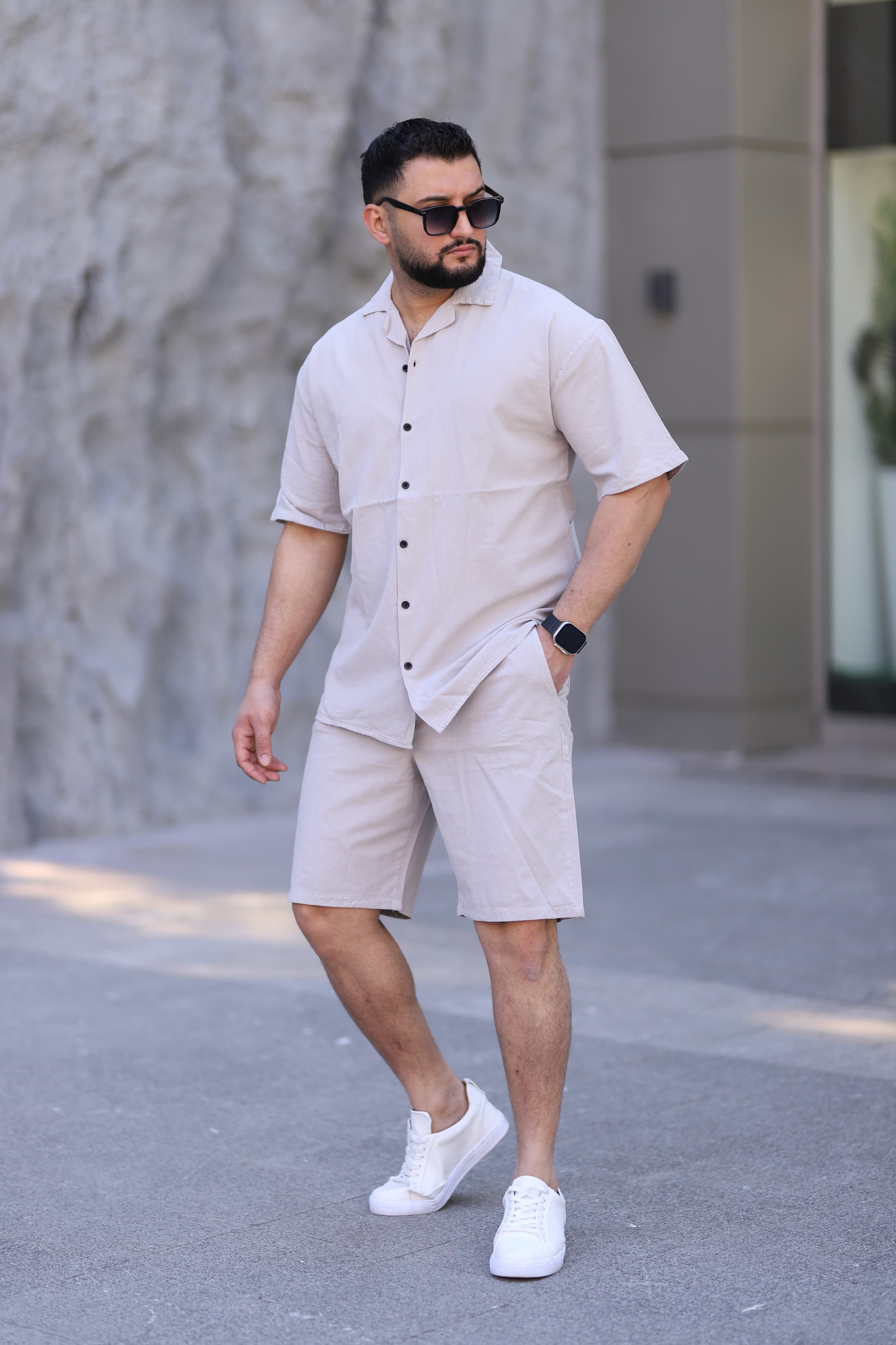 Taş Renk Gömlek Şort Erkek Keten Takım Oversize Kalıp