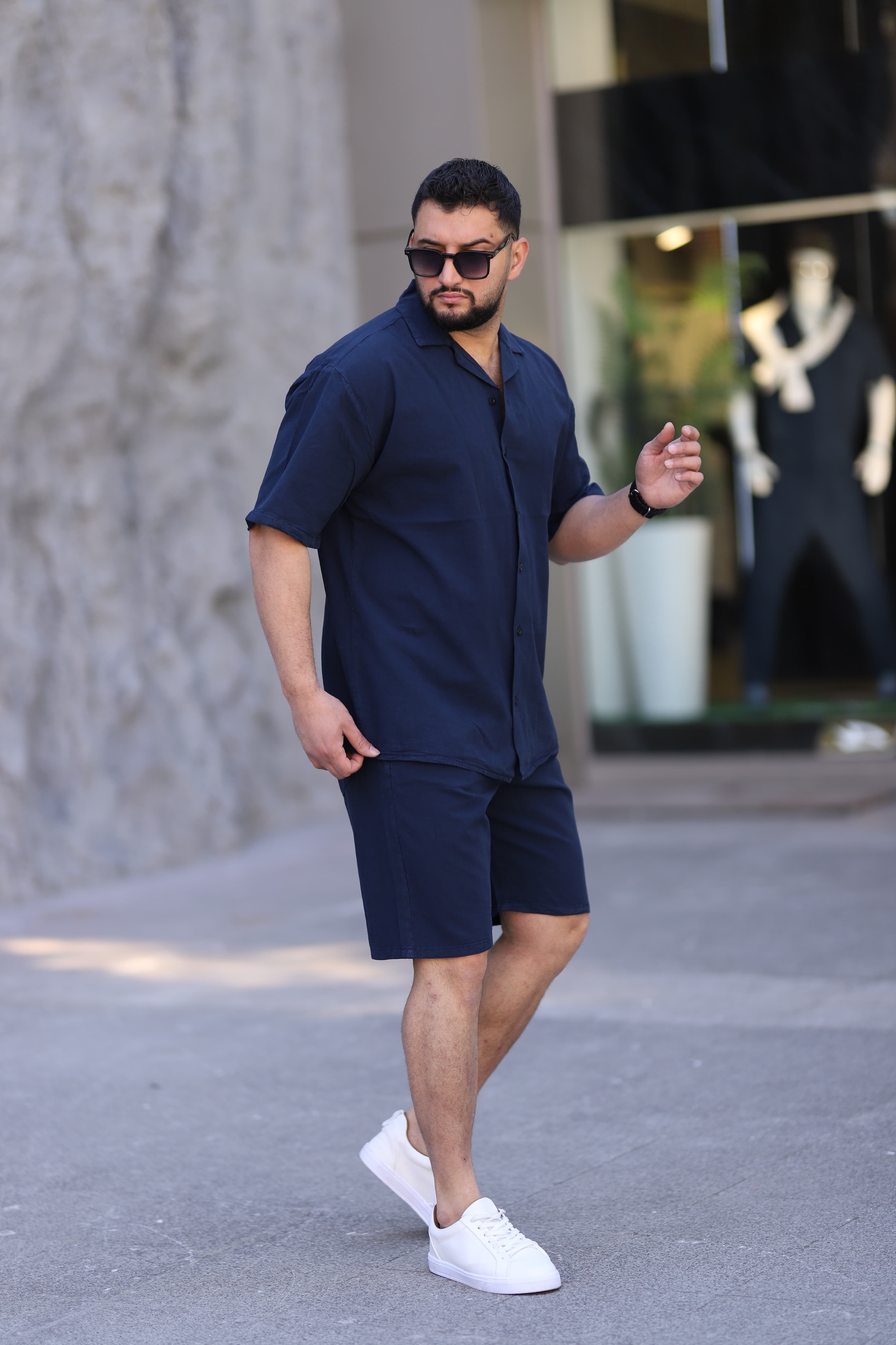 Lacivert Renk Gömlek Şort Erkek Keten Takım Oversize Kalıp