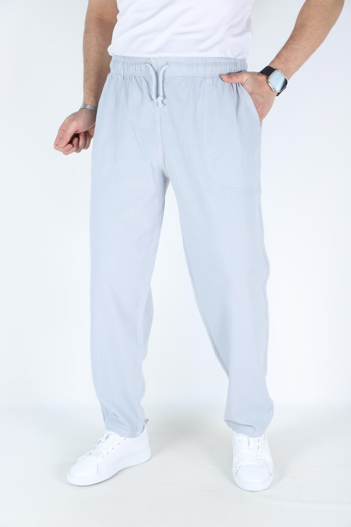 Gümüş Erkek Battal Boy Yazlık Keten Pantolon - %100 Pamuk