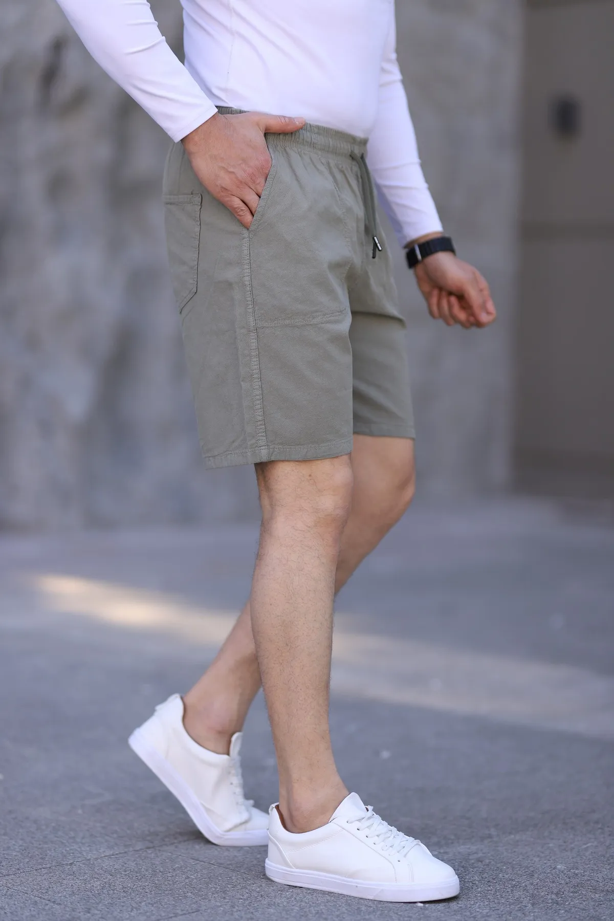 Çağla Yeşili Keten Erkek Şort - Yazlık Baggy Model