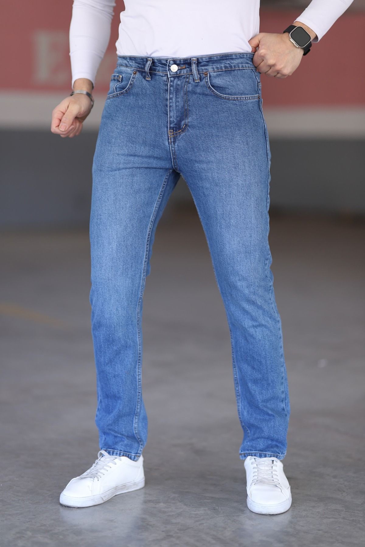 Açık Mavi Likralı Erkek Kot Pantolon - Regular Fit, Normal Bel, Kalın Kumaş