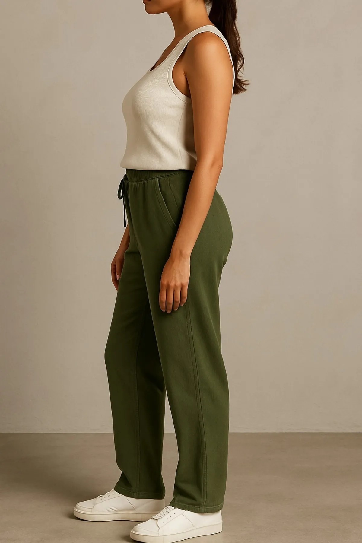Baggy Kadın Yazlık Keten Pantolon Haki - Gabardin Kumaş