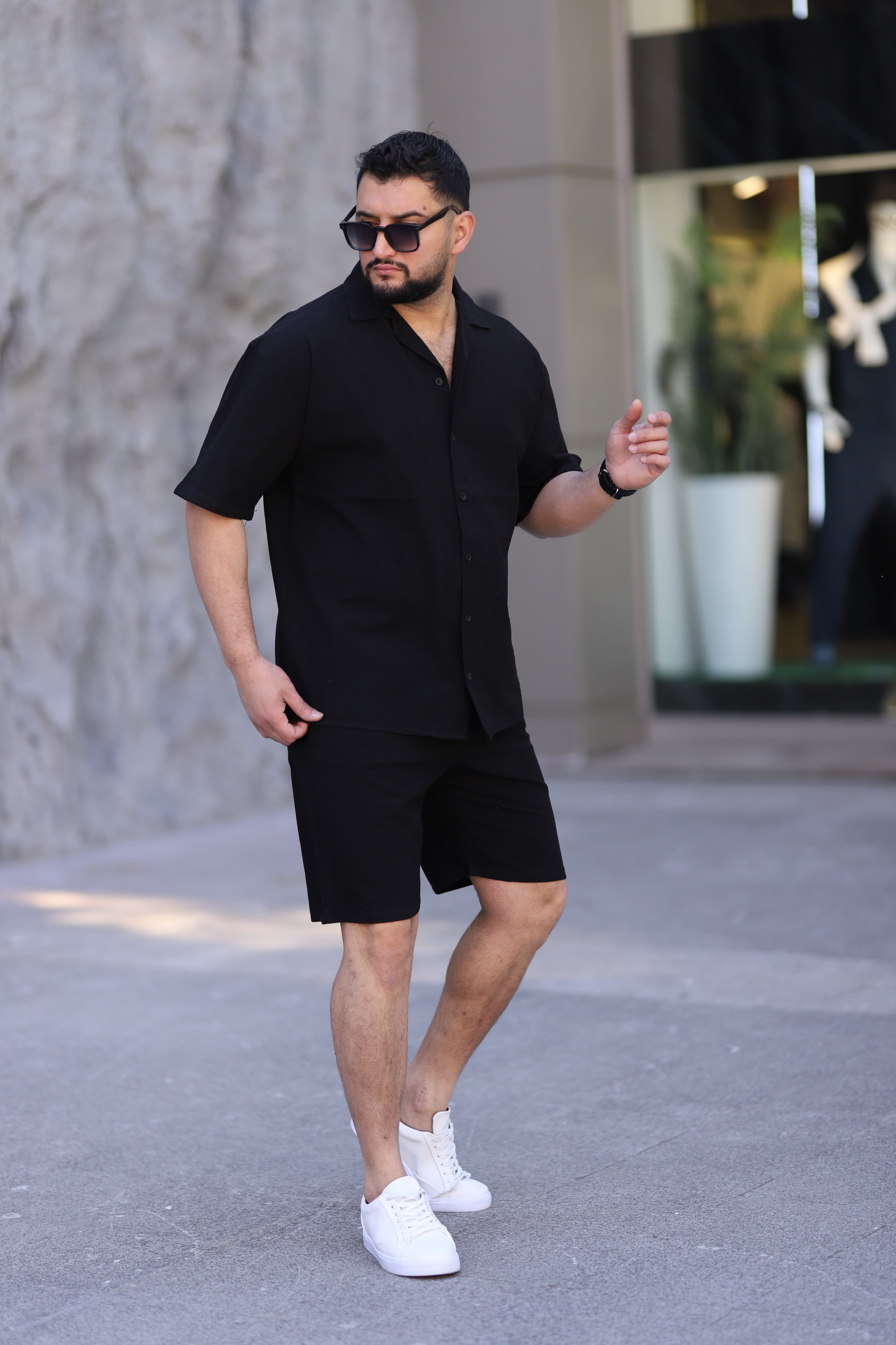 Siyah Renk Gömlek Şort Erkek Keten Takım Oversize Kalıp