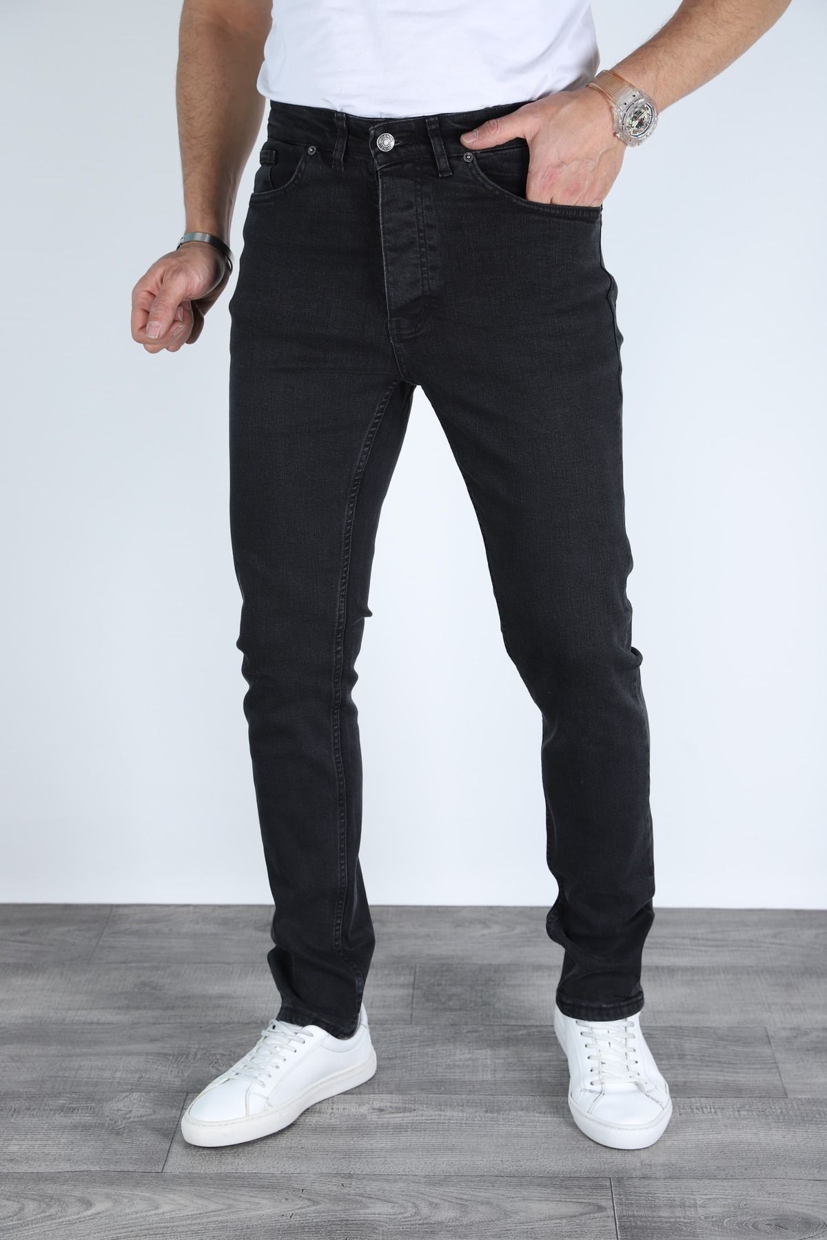 Erkek Siyah Regular Fit Rahat Kesim Denim Kot Pantolon