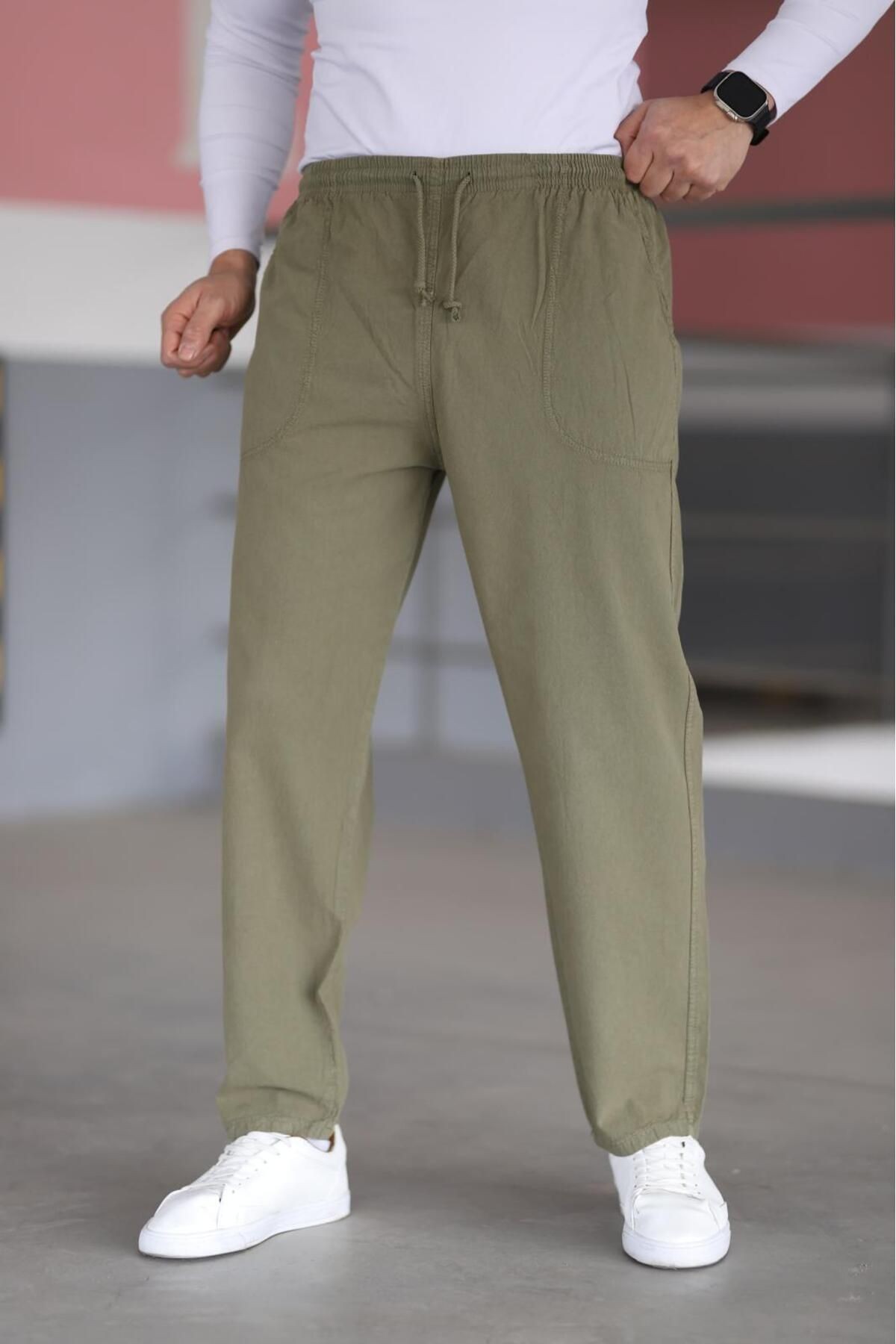 Haki Erkek Yazlık Keten Pantolon - Geniş Beden Seçeneği