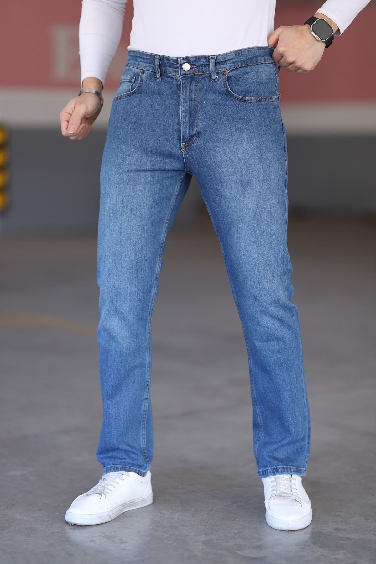 Su Mavisi Likralı Erkek Kot Pantolon - Regular Fit, Normal Bel, Kalın Kumaş