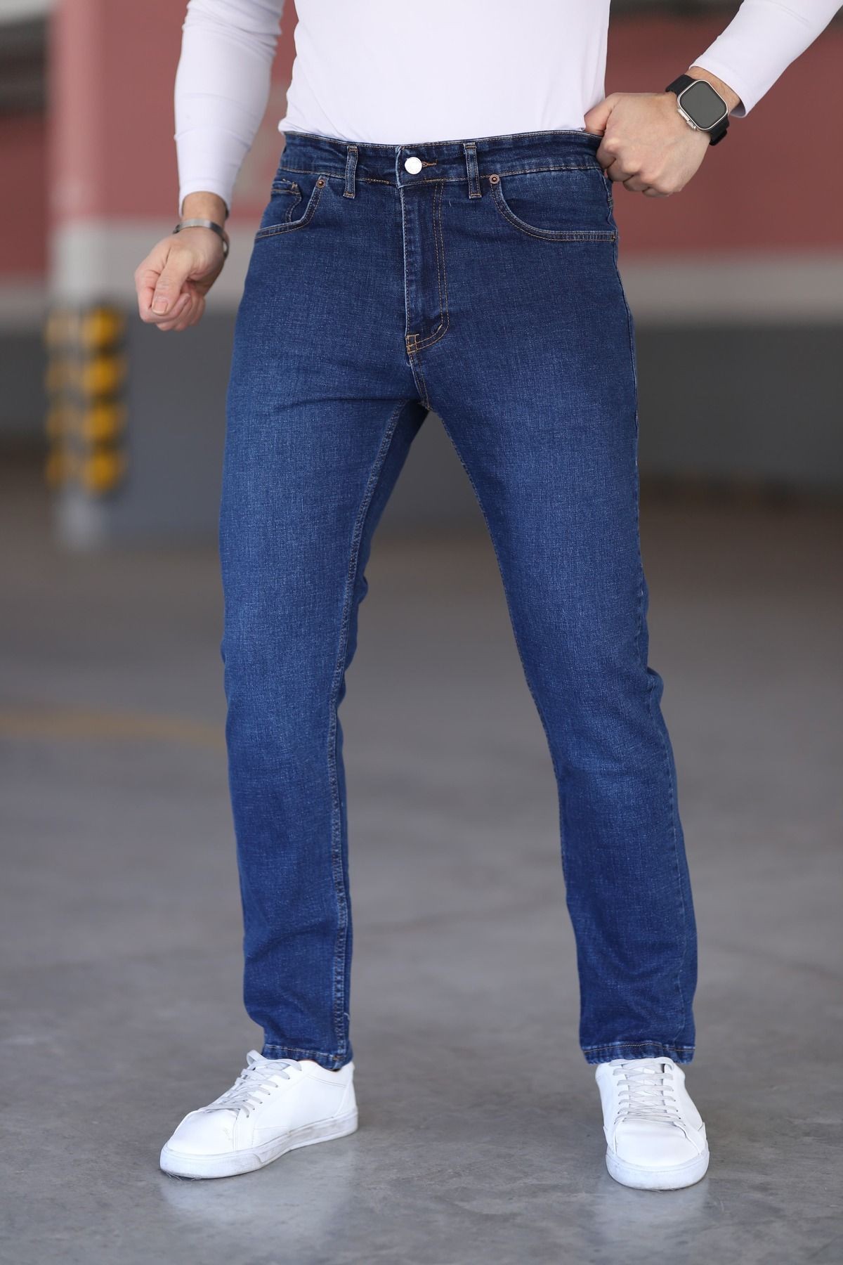 Lacivert Likralı Erkek Kot Pantolon - Regular Fit, Normal Bel, Kalın Kumaş