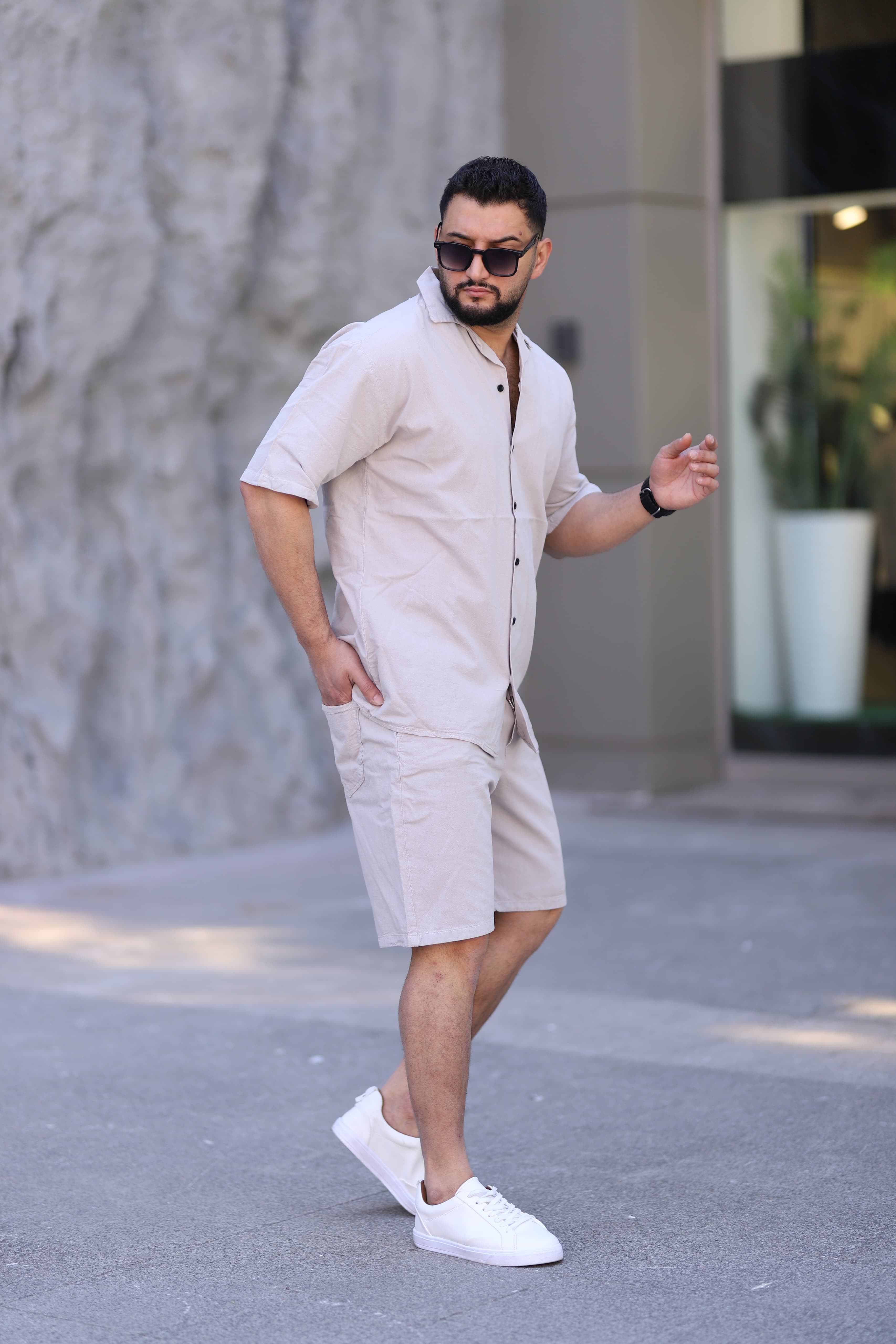 Taş Renk Gömlek Şort Erkek Keten Takım Oversize Kalıp