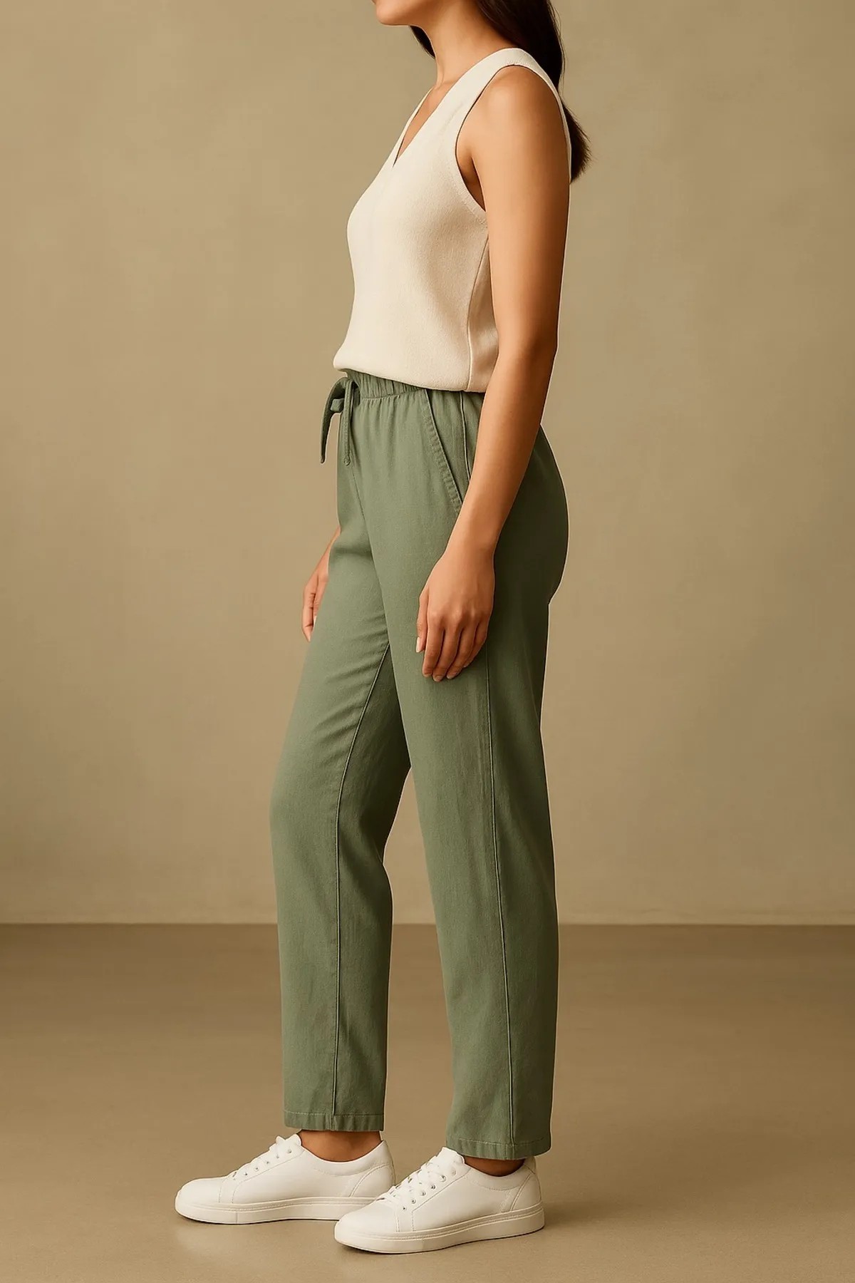 Baggy Kadın Keten Pantolon Çağla Yeşili Gabardin Kumaş