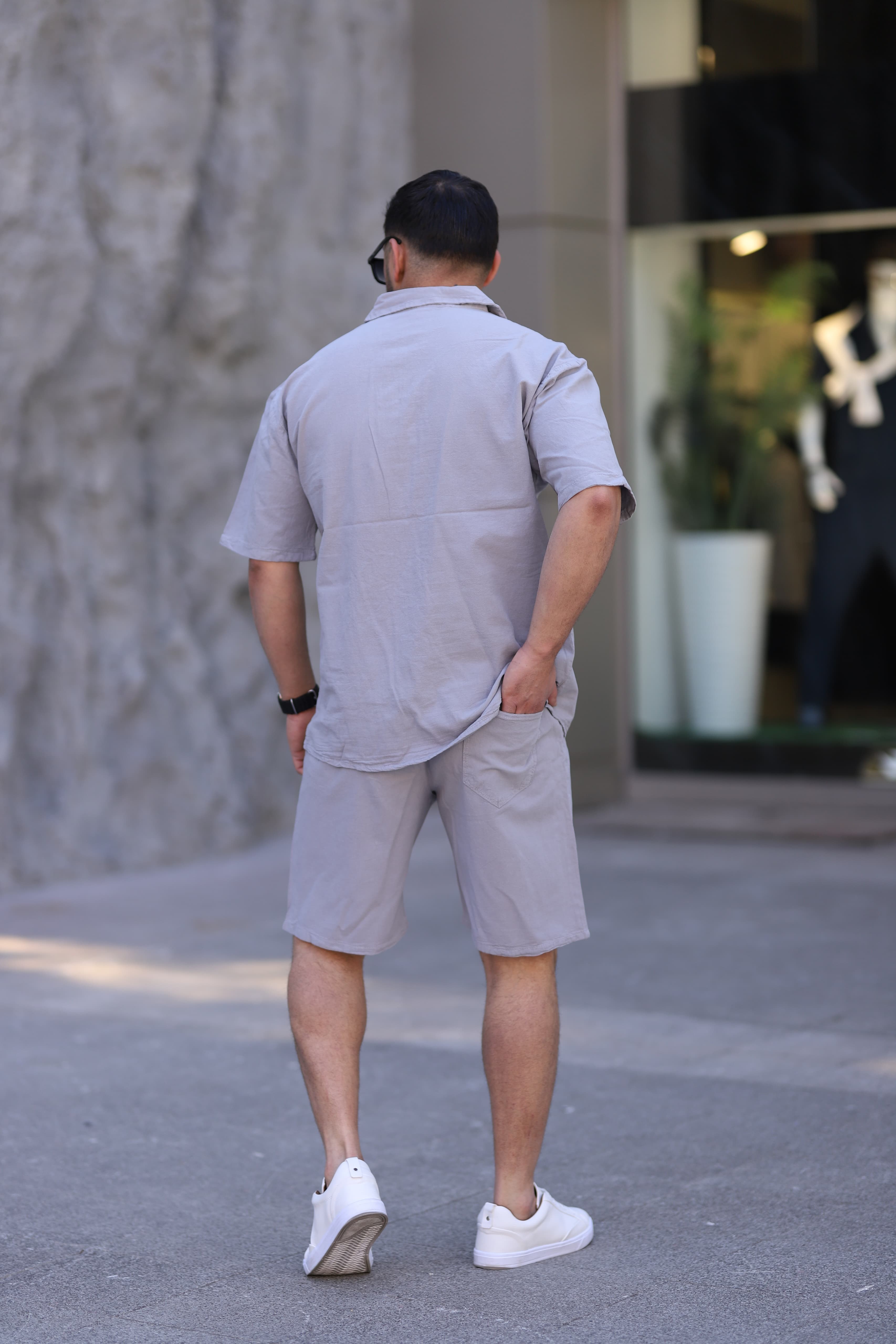 Gri Renk Gömlek Şort Erkek Keten Takım Oversize Kalıp