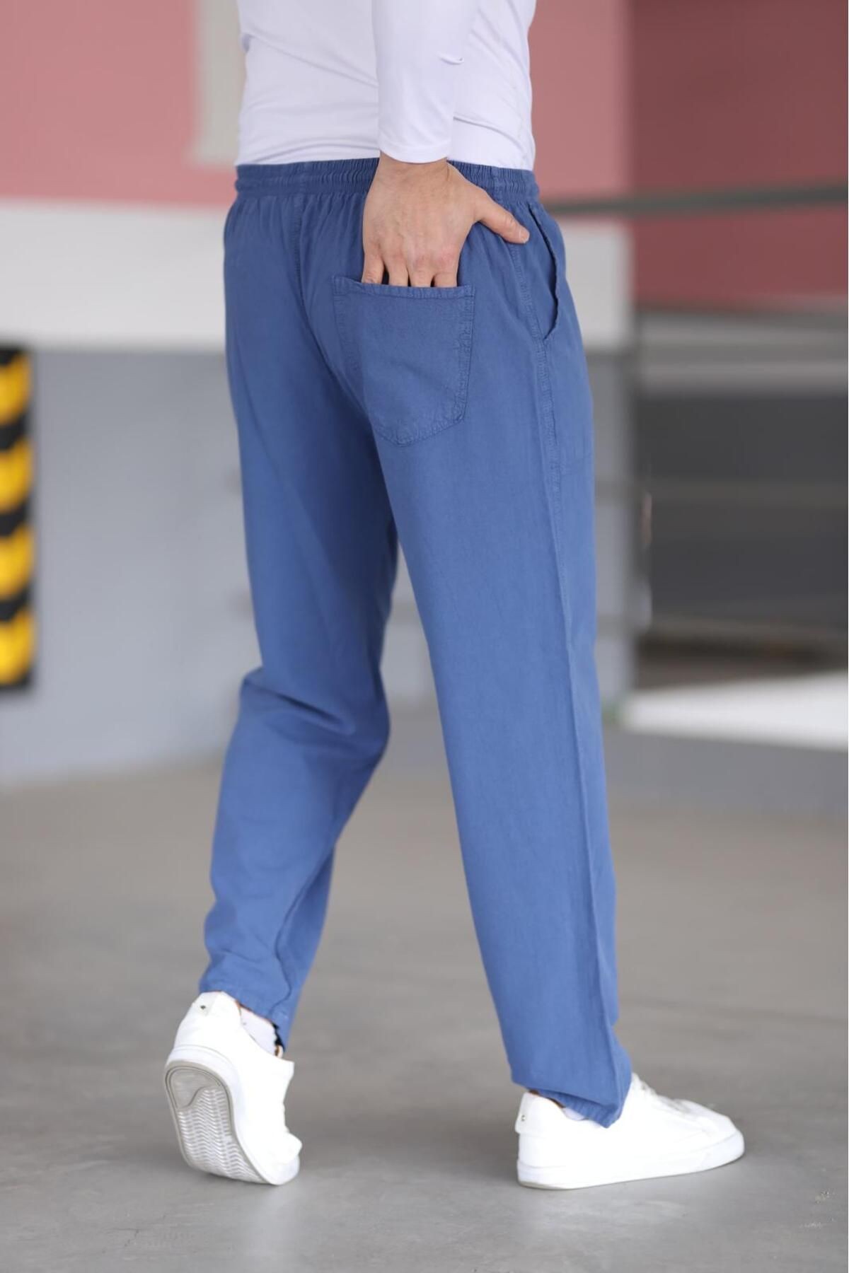 Mavi Erkek Yazlık Keten Pantolon - Geniş Beden Seçeneği