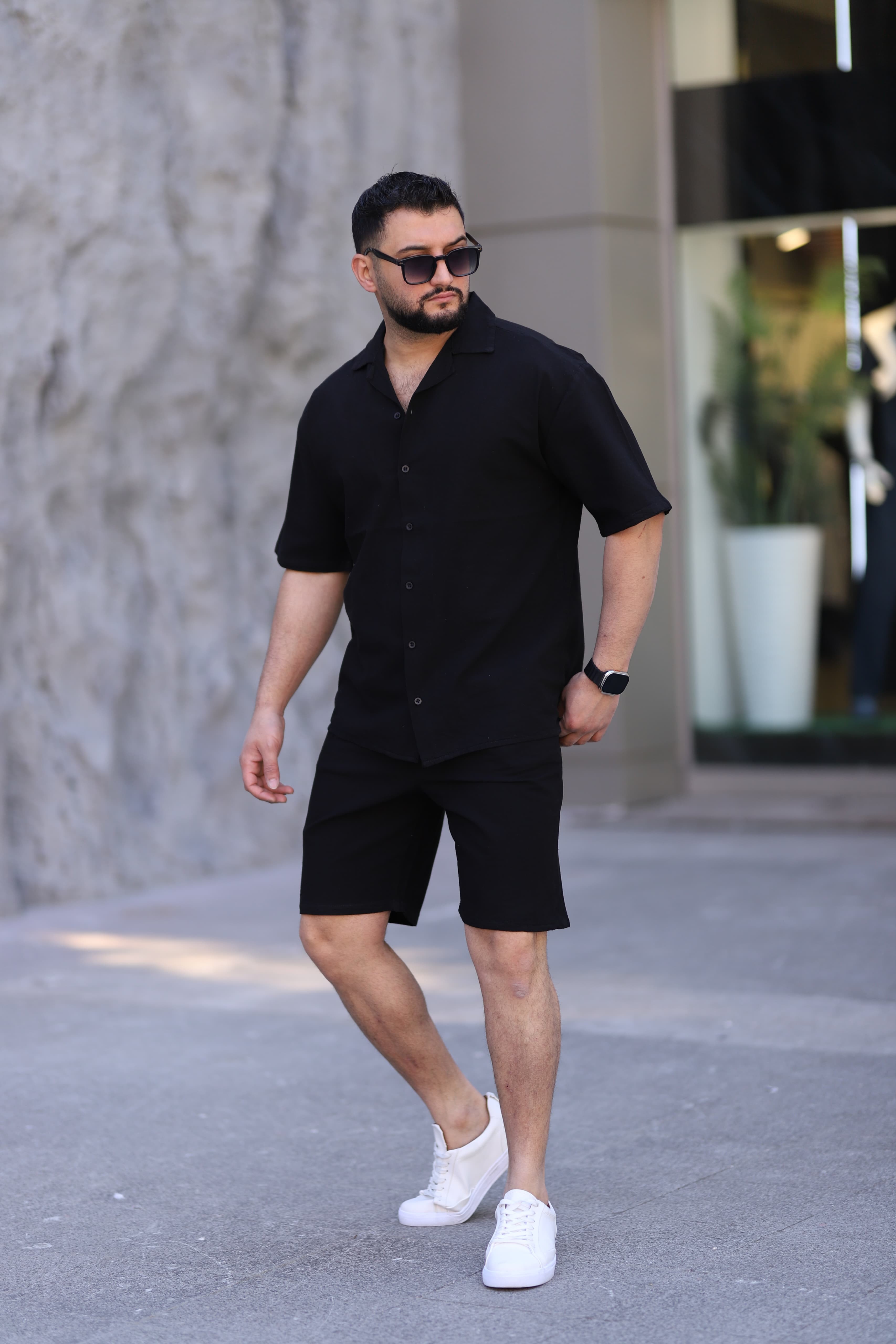 Siyah Renk Gömlek Şort Erkek Keten Takım Oversize Kalıp