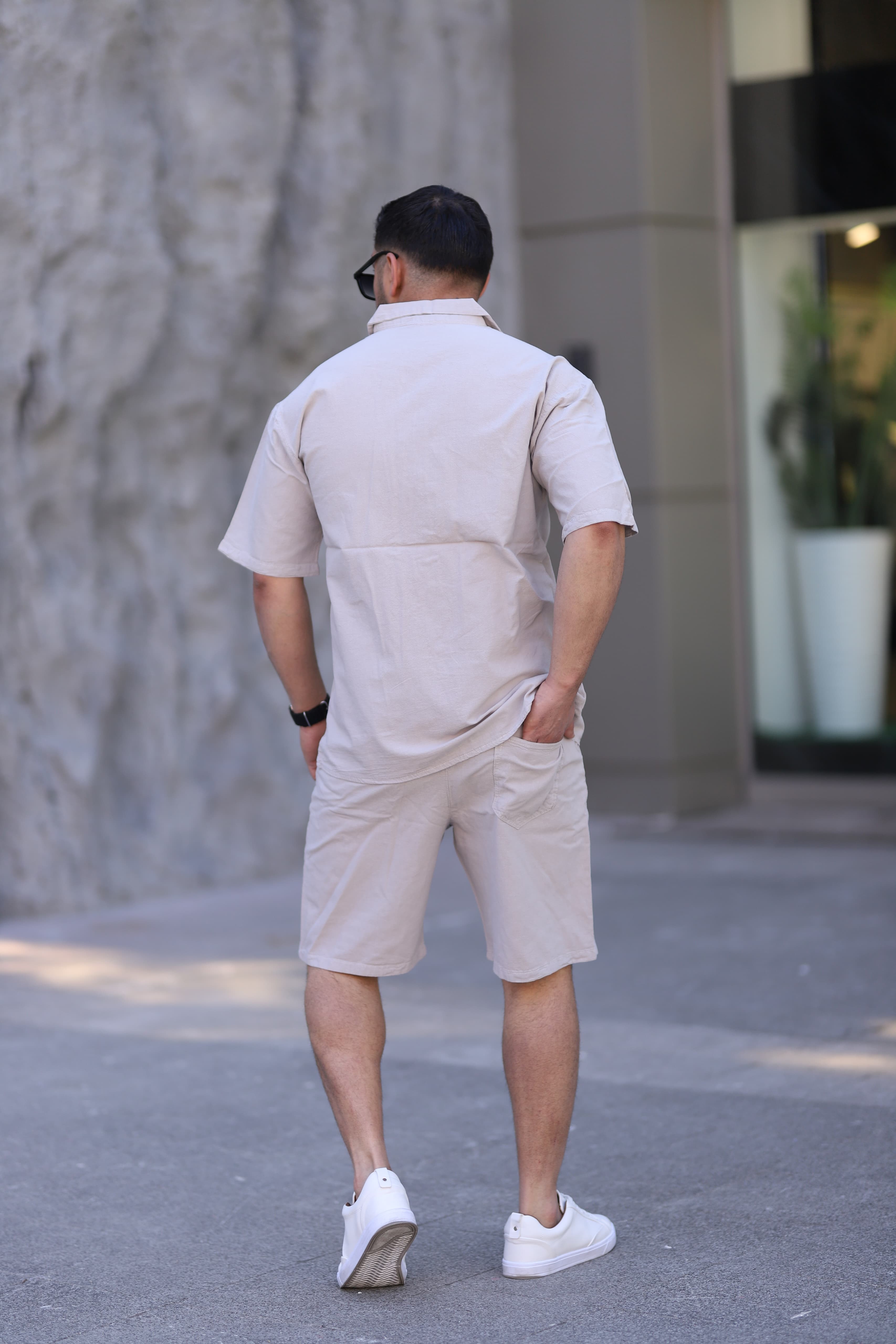 Taş Renk Gömlek Şort Erkek Keten Takım Oversize Kalıp