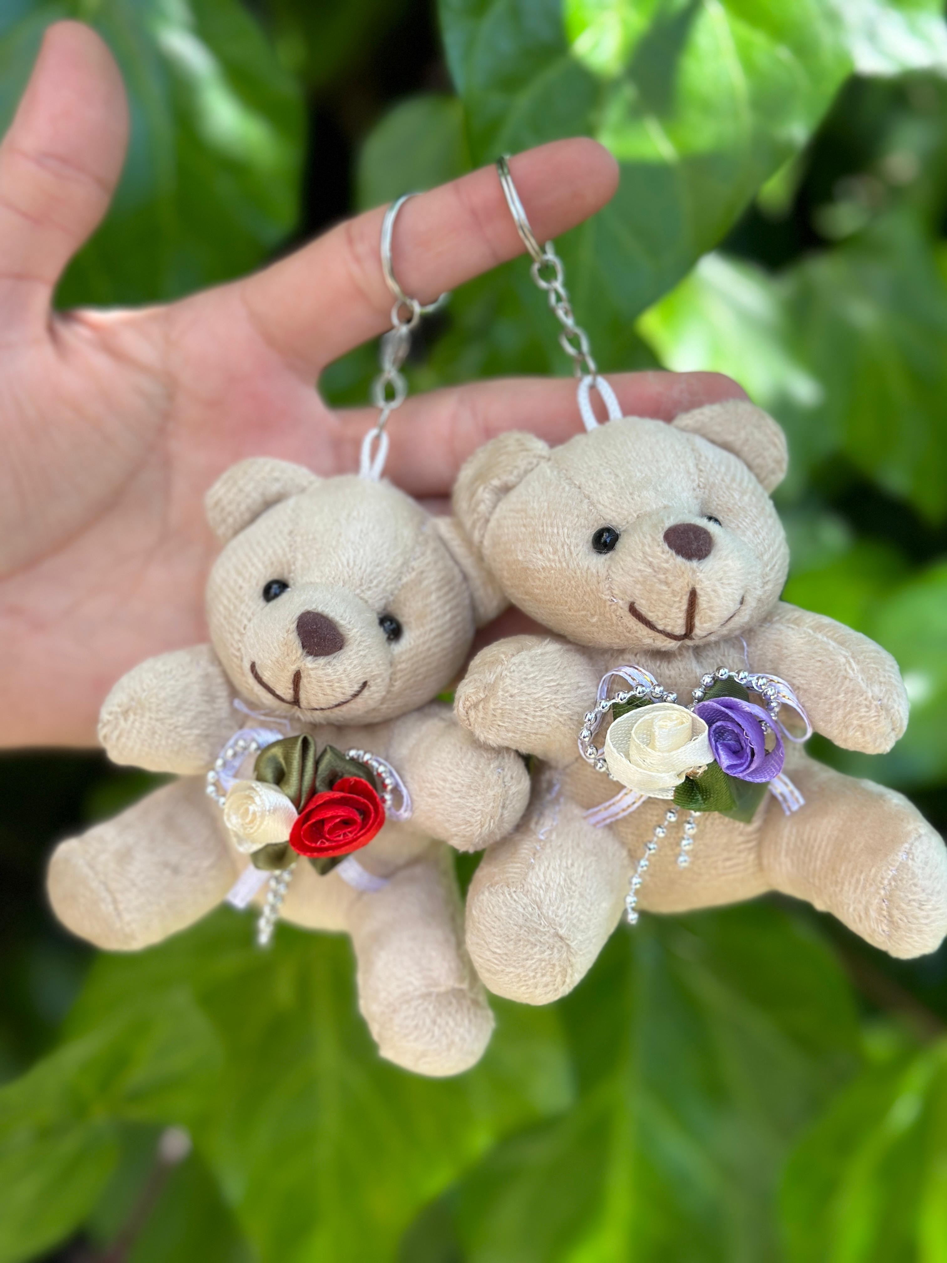 Güllü Ayıcık Pelüş Anahtarlık 10 cm Açık Kahve Rengi (12'li Paket)