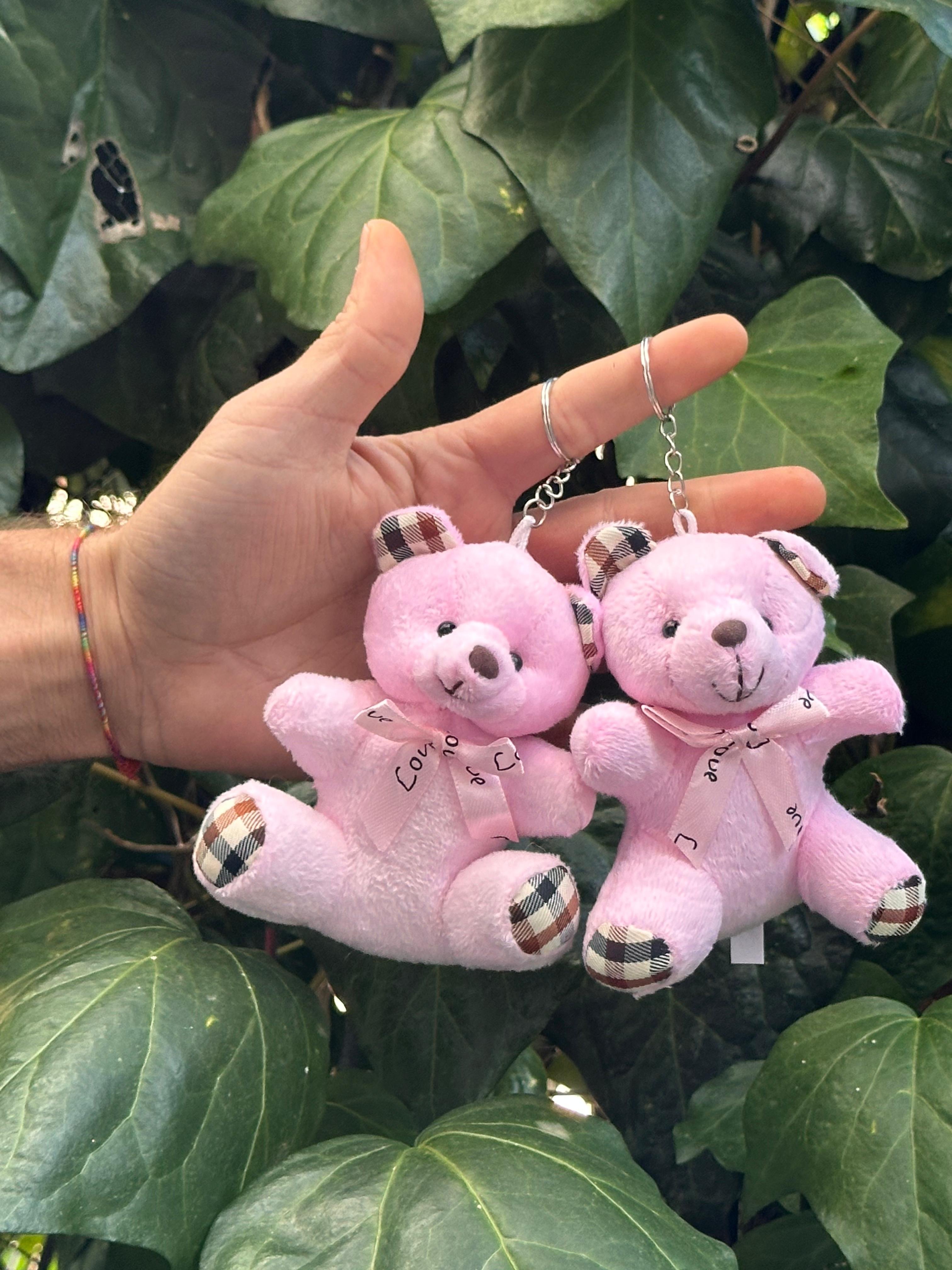 10 cm Ekose Desenli Pelüş Ayıcık Anahtarlık Pembe Rengi 12'li Paket