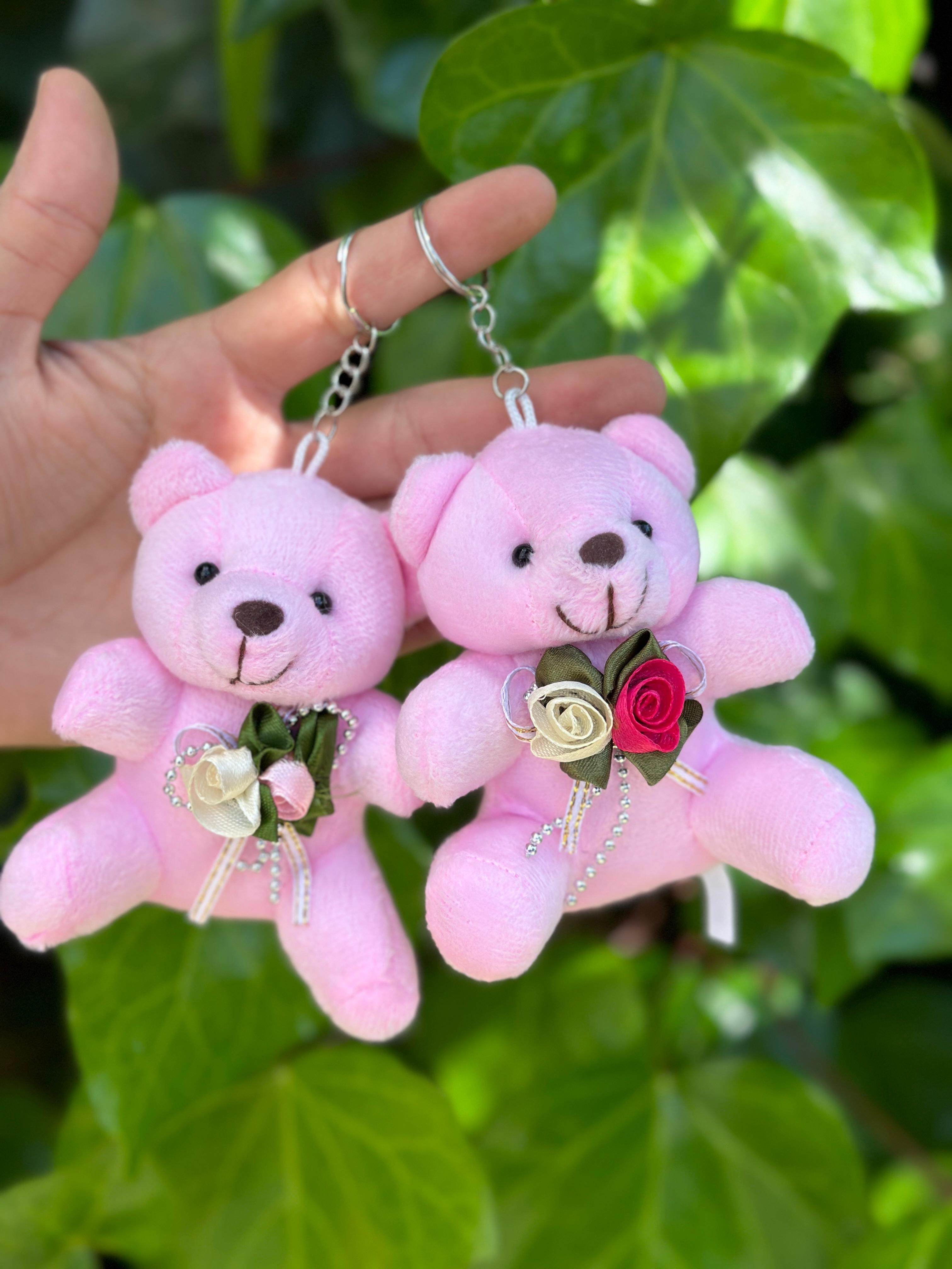 Güllü Ayıcık Pelüş Anahtarlık 10 cm Pembe Renk 12'li Paket