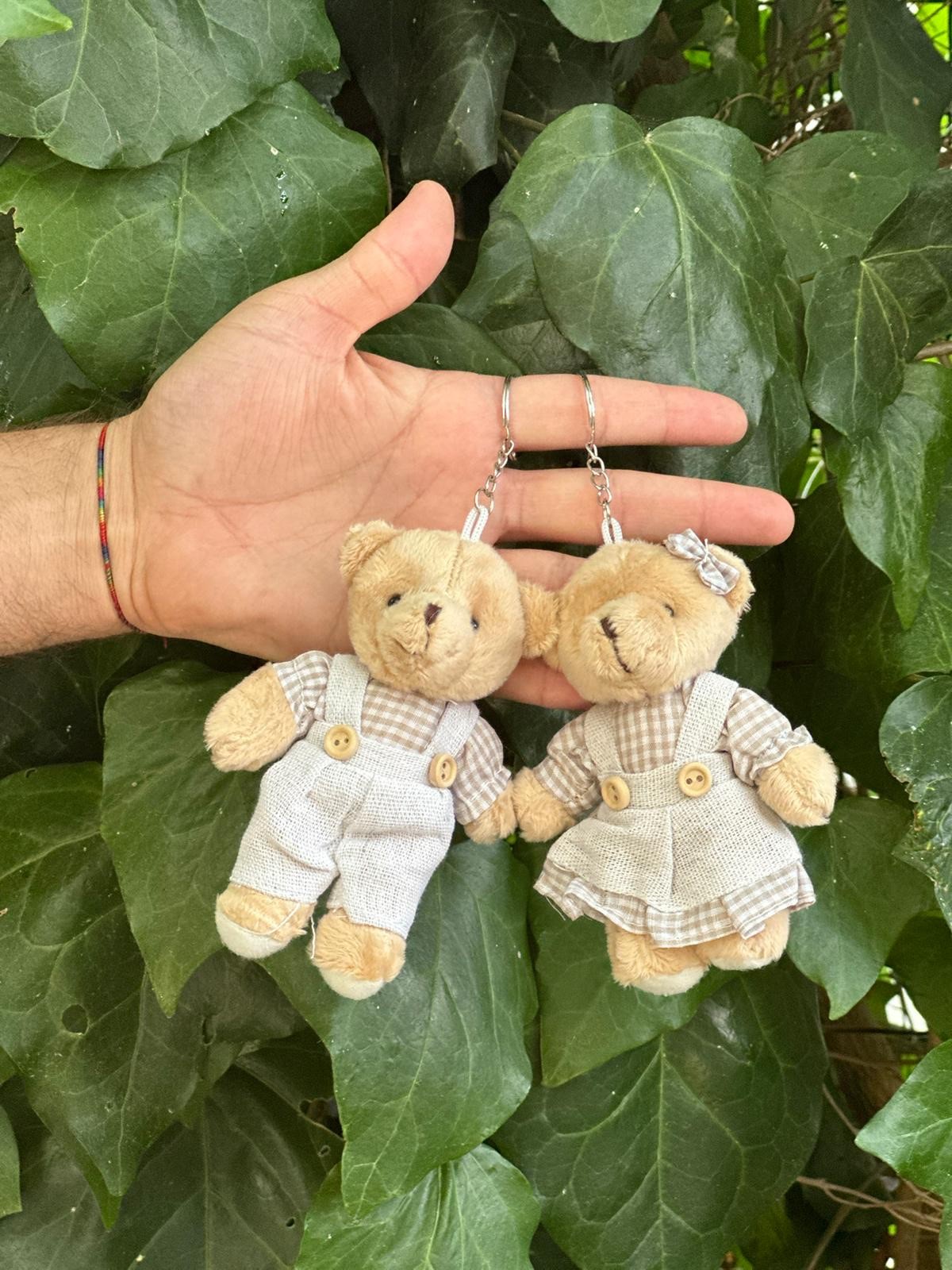 12 cm Kahverengi Ekose Elbiseli Kız Erkek Ayıcık Anahtarlık 12’li Paket