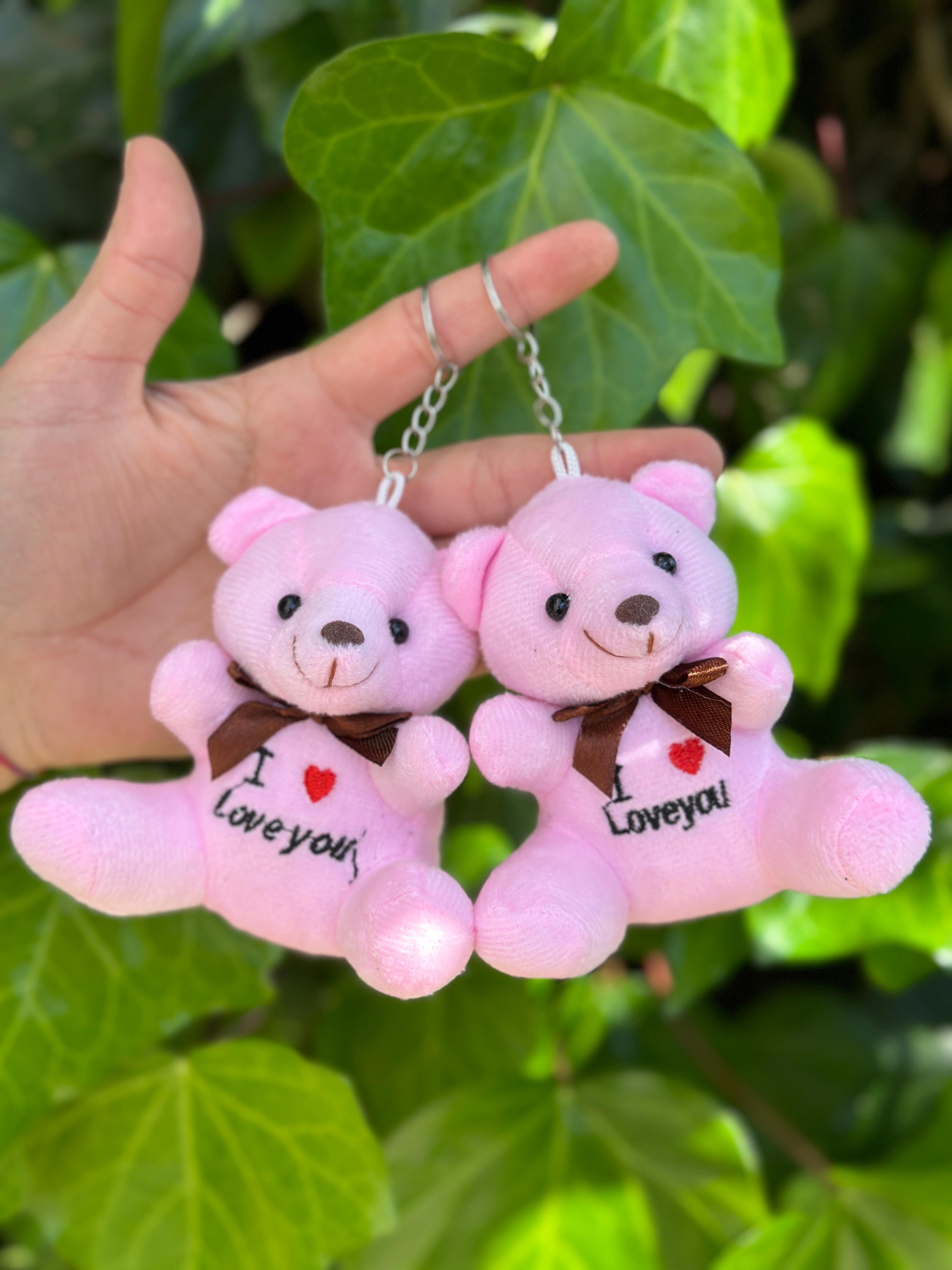 Ayıcık Pelüş Anahtarlık 10 cm "i Love You" Yazılı Koyu Pembe Rengi (12'li Paket)