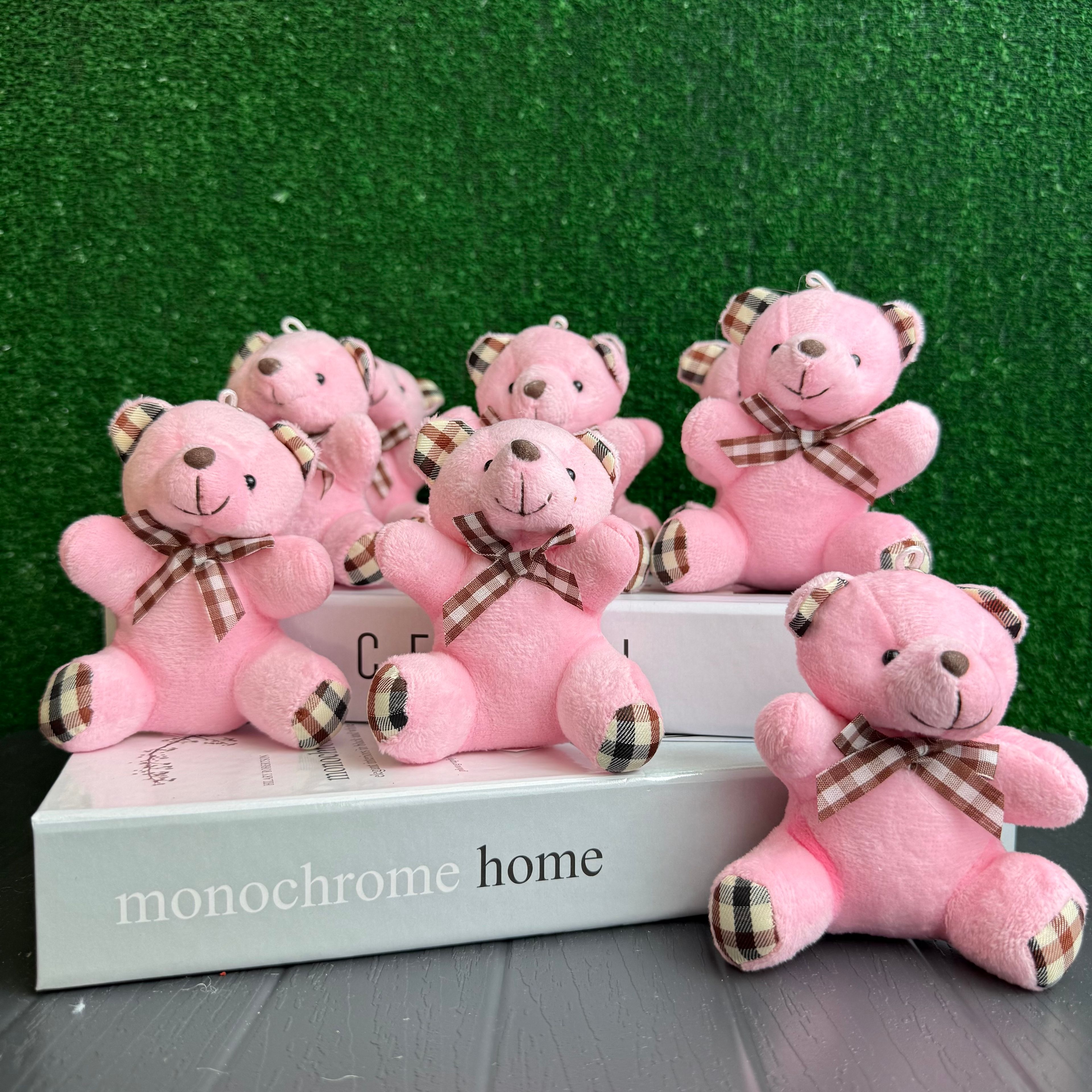 10 cm Pembe Ekose Desenli Ayıcık Anahtarlık 12’li Paket